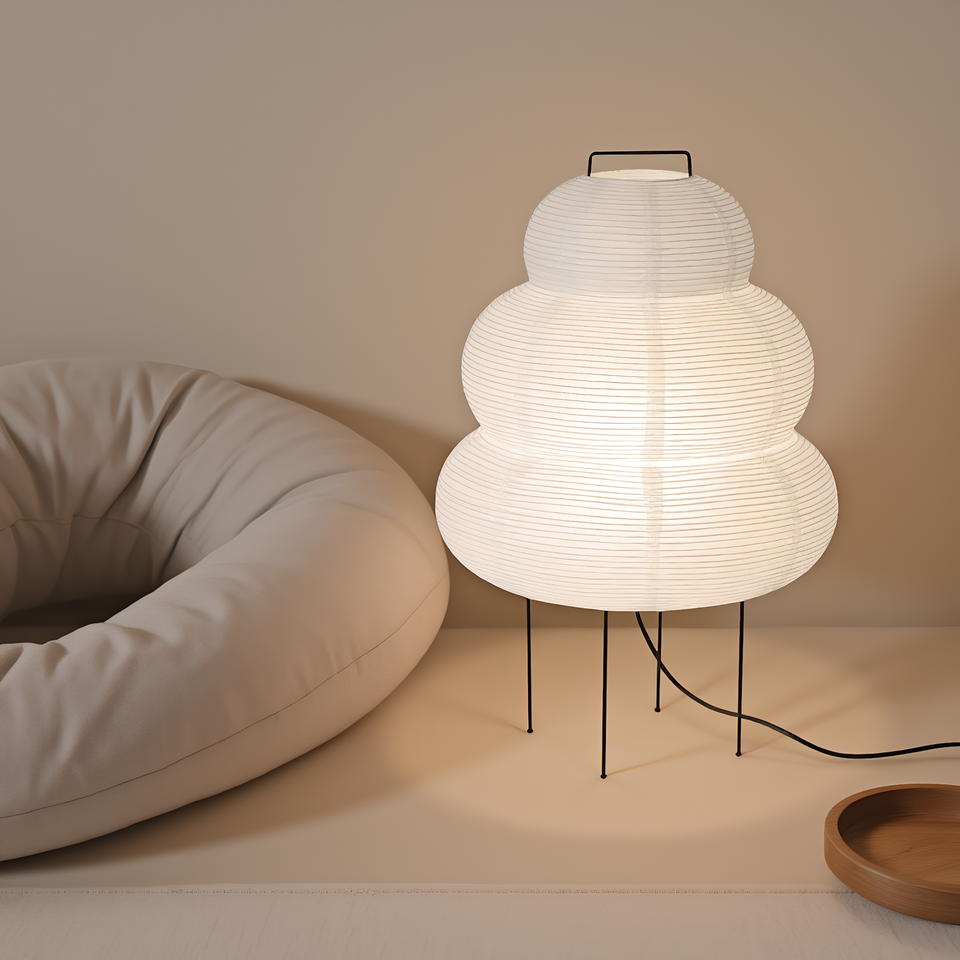 Tiered rice paper lamp alternative angle - sculptural Japandi form