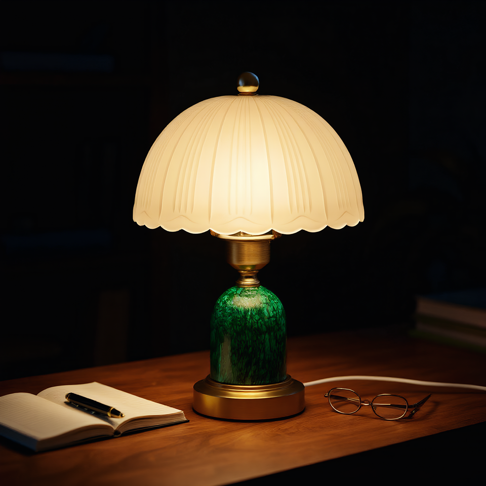 Malachite Pleated Dome Table Lamp lifestyle photo styled in modern interior - Neovall designer lighting
