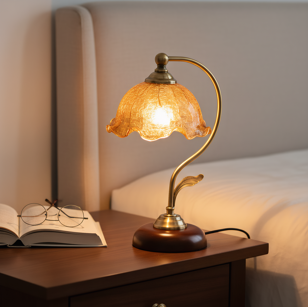 Retro glass lamp front view - sculptural curved silhouette