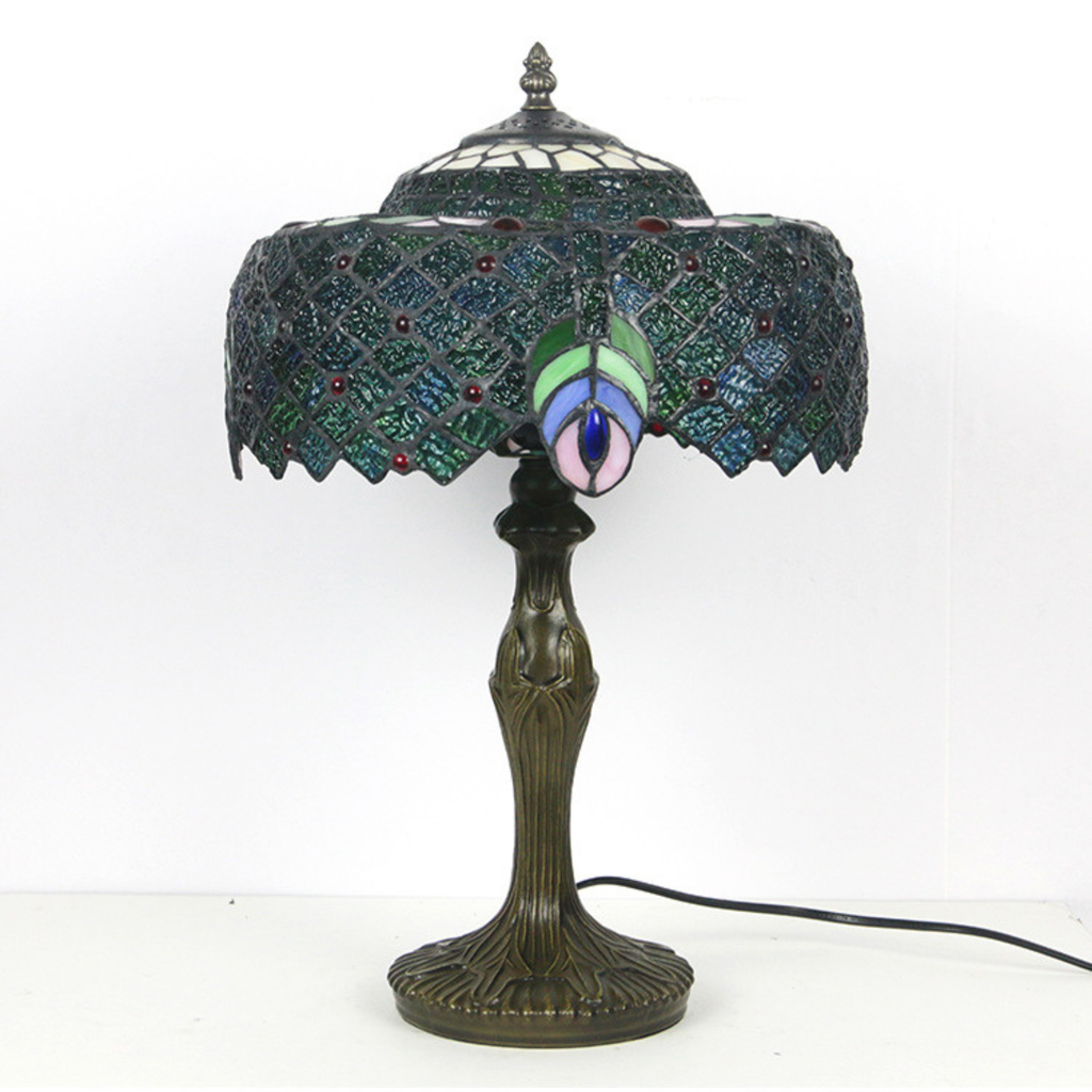 Tiffany Peacock Feather Stained Glass Table Lamp lifestyle photo styled in modern interior - Neovall designer lighting