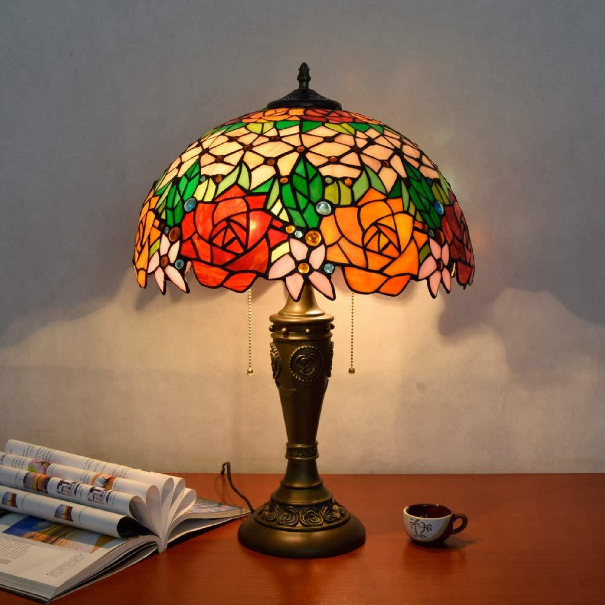 Tiffany Rose Stained Glass Table Lamp lifestyle photo styled in modern interior - Neovall designer lighting