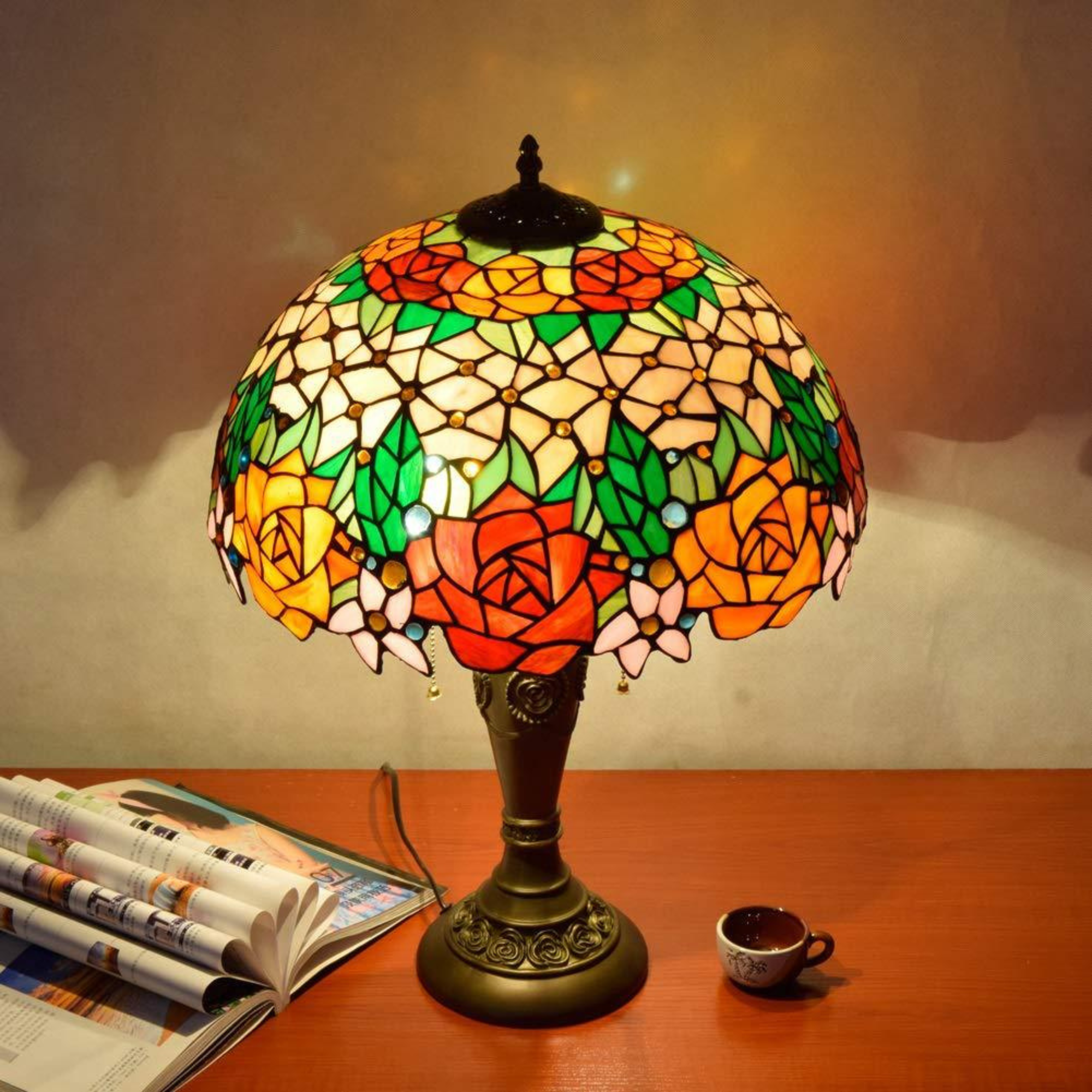 Tiffany Rose Stained Glass Table Lamp side view highlighting hand-finished quality - Neovall premium lamp