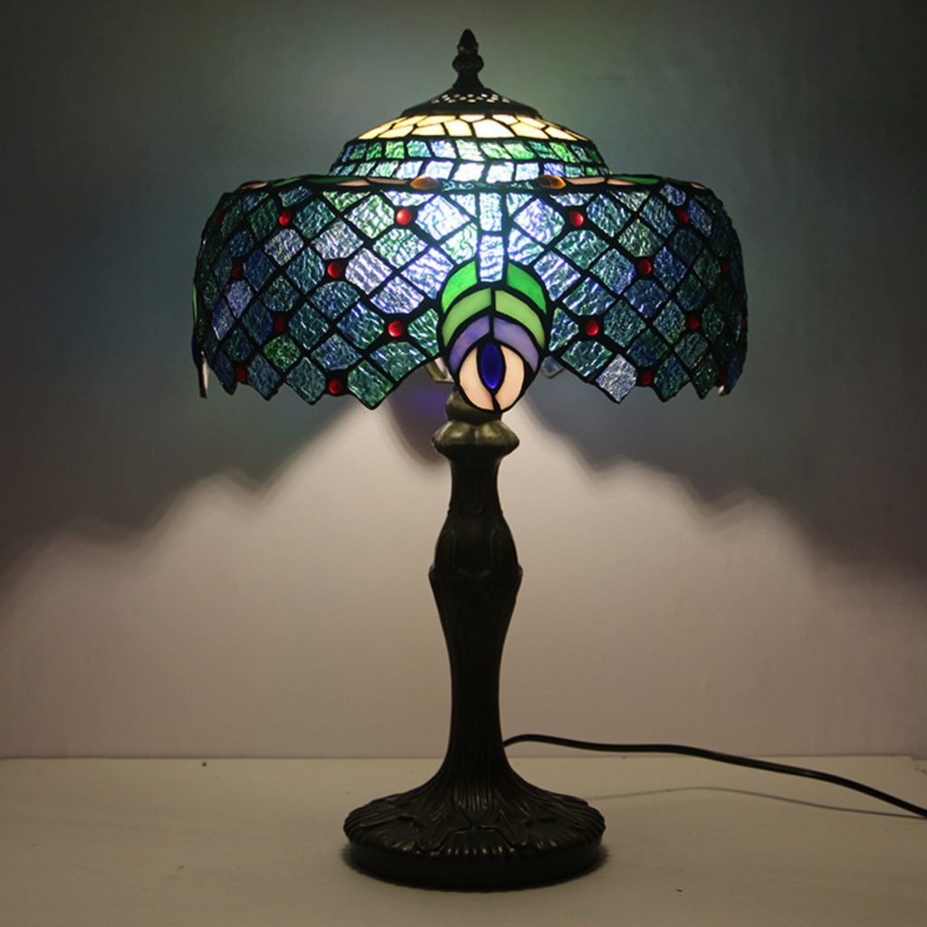 Tiffany Peacock Feather Stained Glass Table Lamp detail close-up showing premium materials and craftsmanship - Neovall