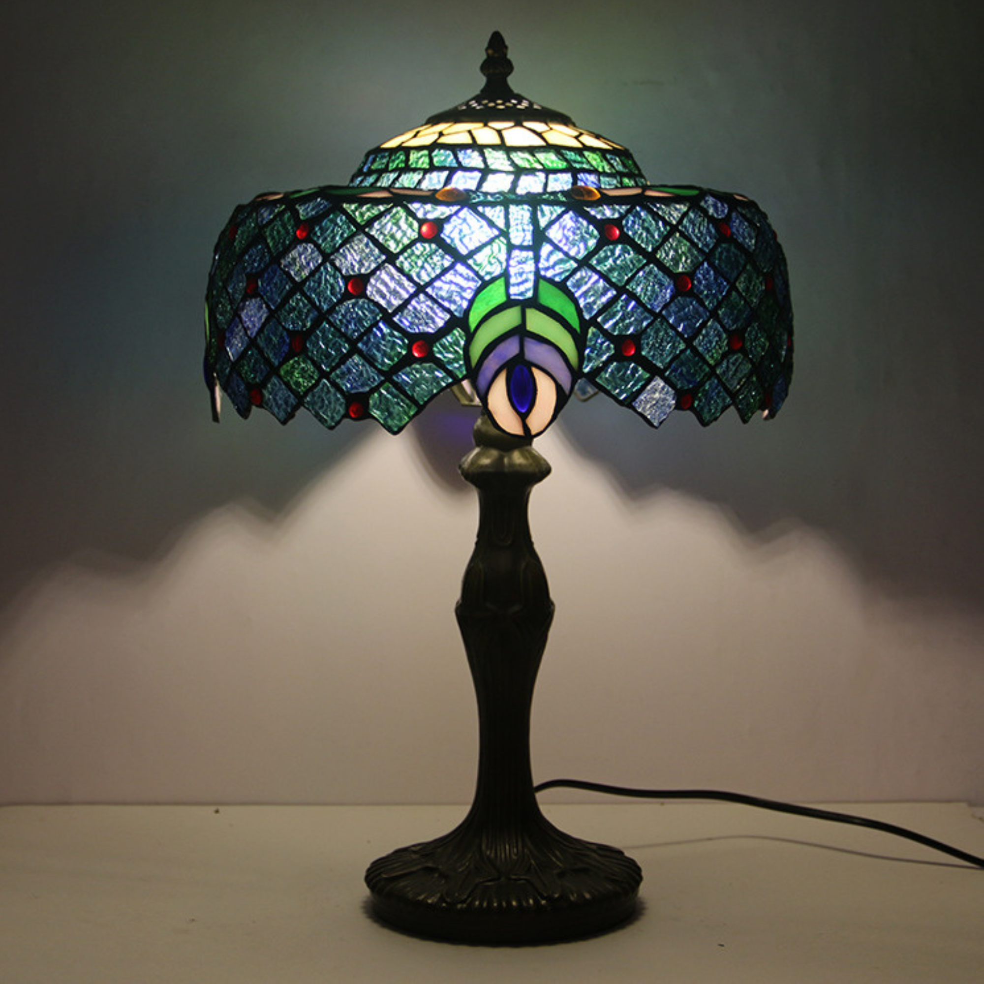 Tiffany Peacock Feather Stained Glass Table Lamp detail close-up showing premium materials and craftsmanship - Neovall