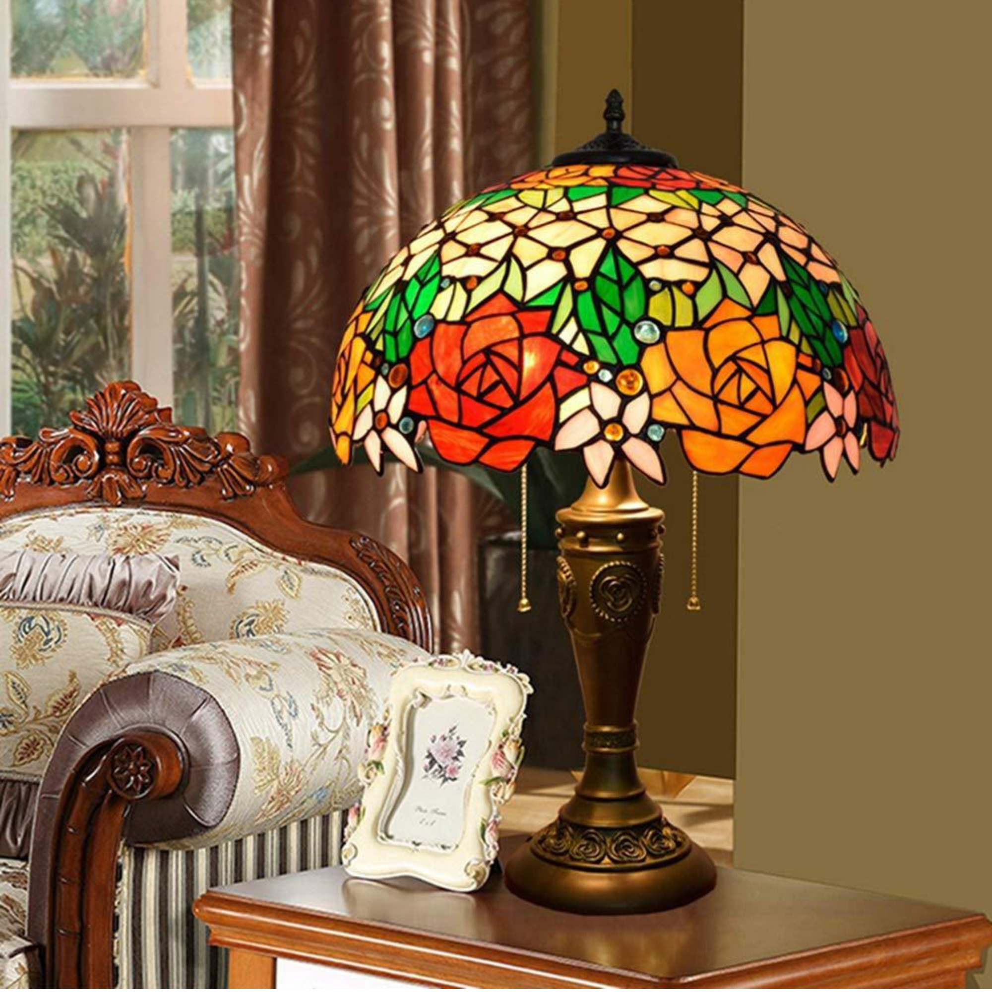 Tiffany Rose Stained Glass Table Lamp alternative angle product photo - Neovall designer table lamp
