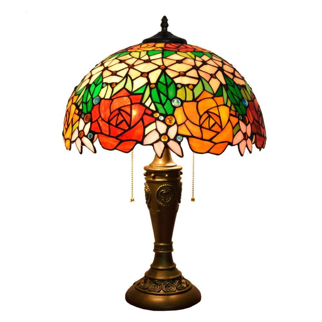 Tiffany Rose Stained Glass Table Lamp base detail showing material finish - Neovall designer collection