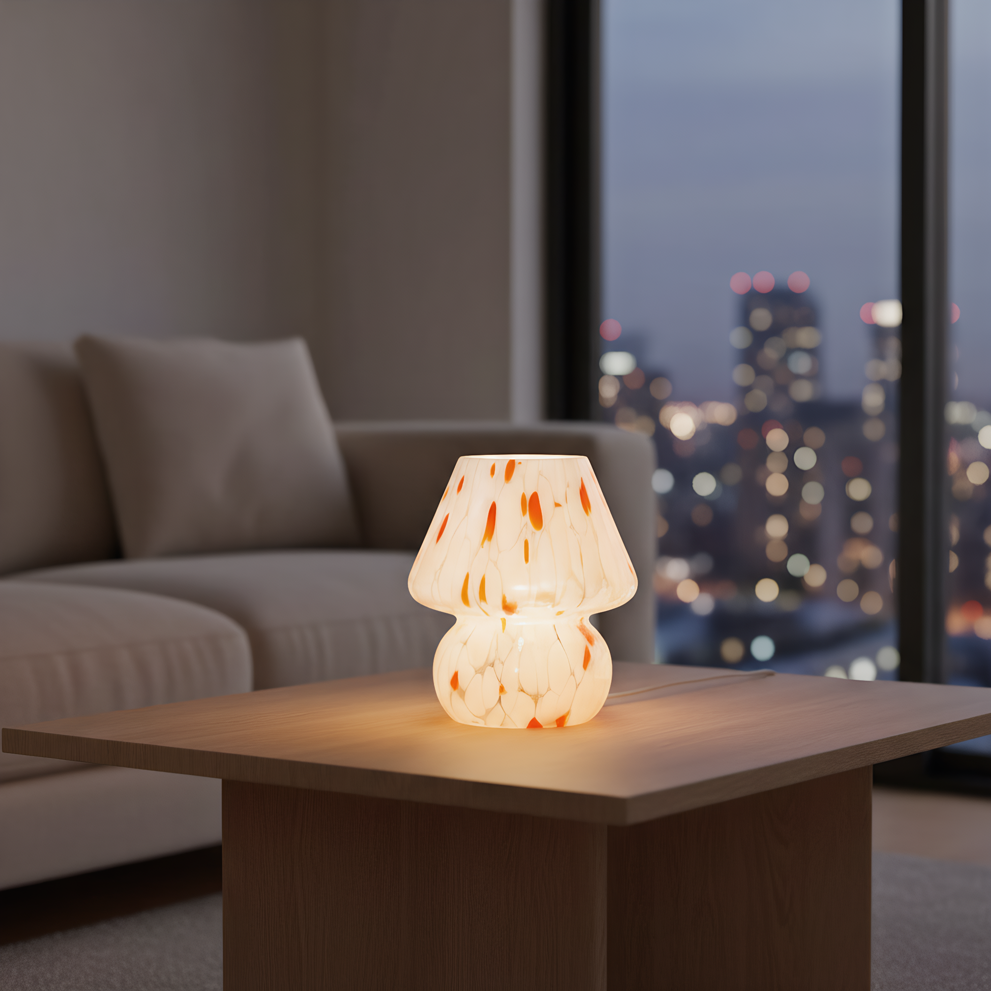 Mushroom lamp in living room - statement art glass piece