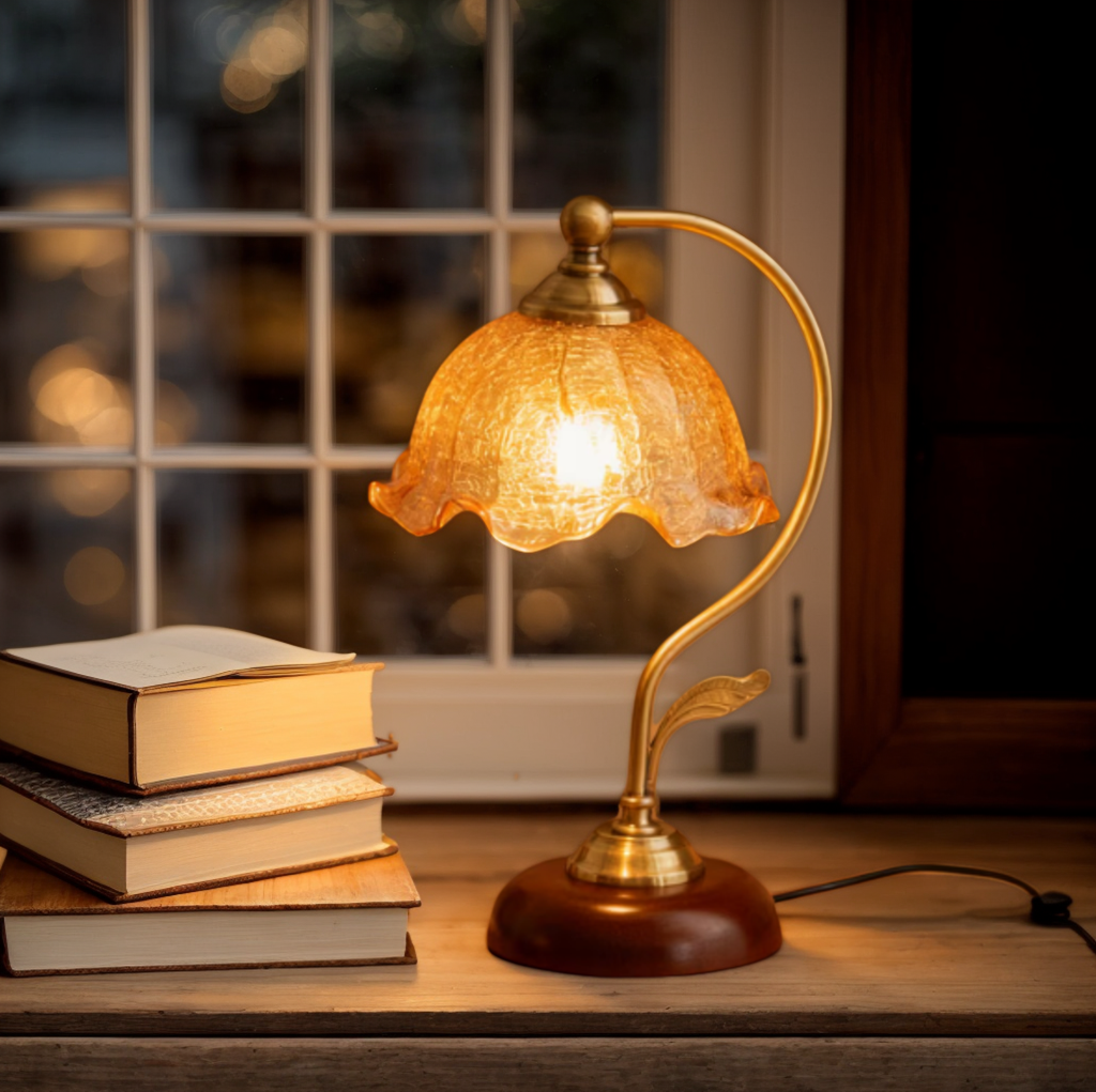 Retro glass lamp warm amber glow - romantic bedroom lighting