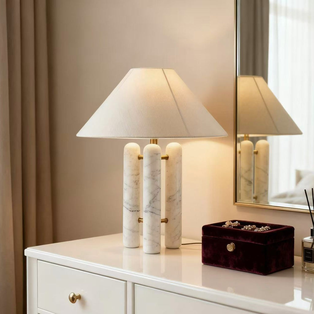 Art Deco Travertine Column Table Lamp with fabric cone shade - Neovall premium designer lighting