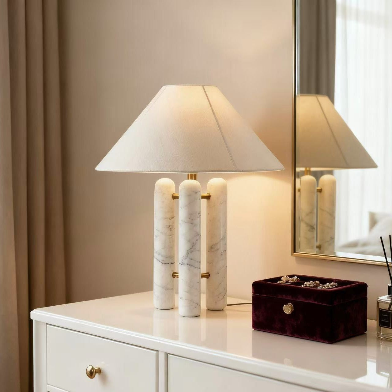 Art Deco Travertine Column Table Lamp with fabric cone shade - Neovall premium designer lighting