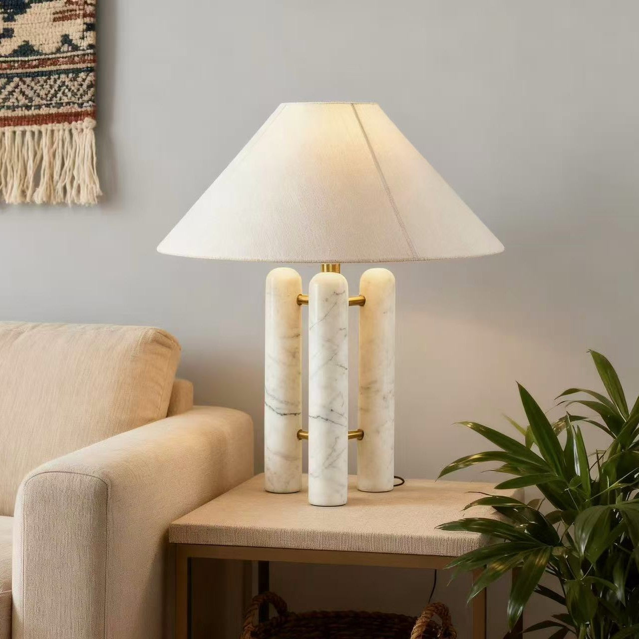 Art Deco table lamp natural marble columns with brass hardware detail