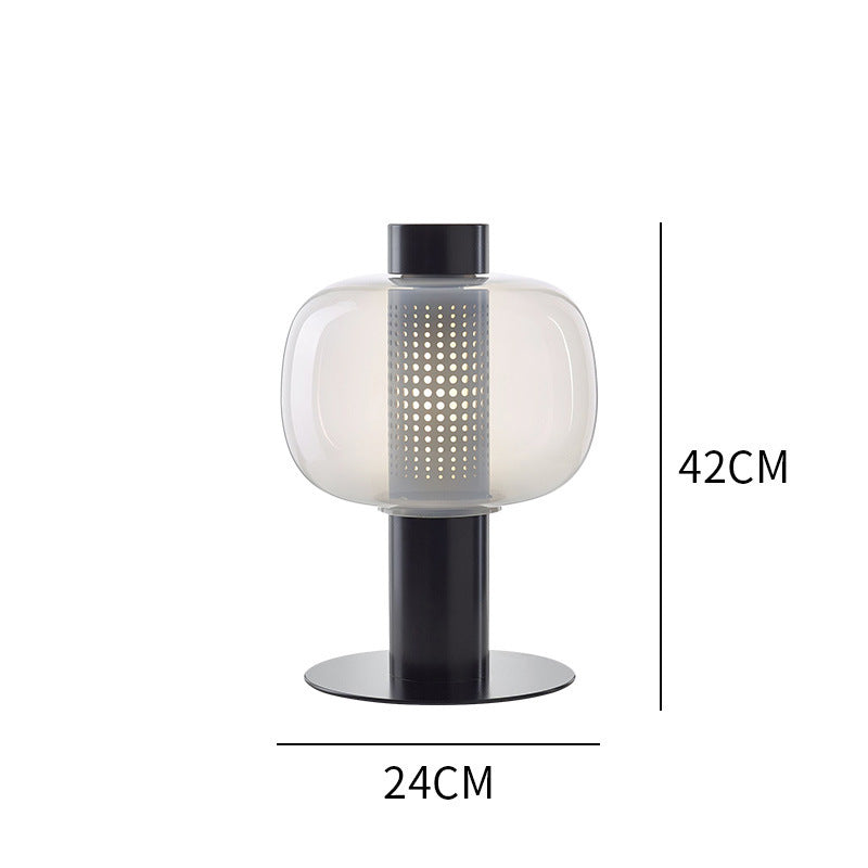 Postmodern Smoked Glass Perforated Table Lamp packaging and product card - Neovall ready to gift