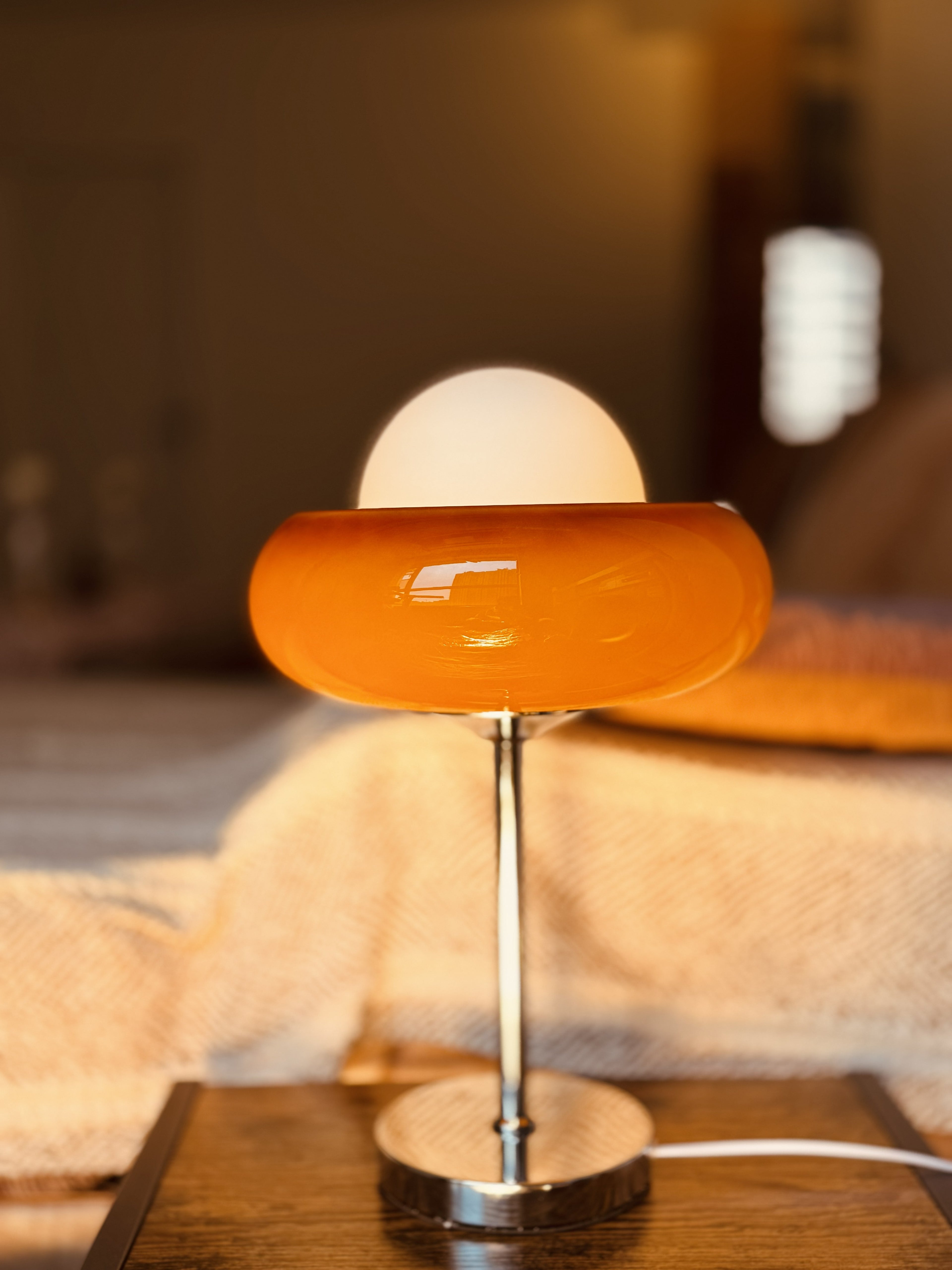 Bauhaus amber glass lamp chrome base detail - mid-century modern design