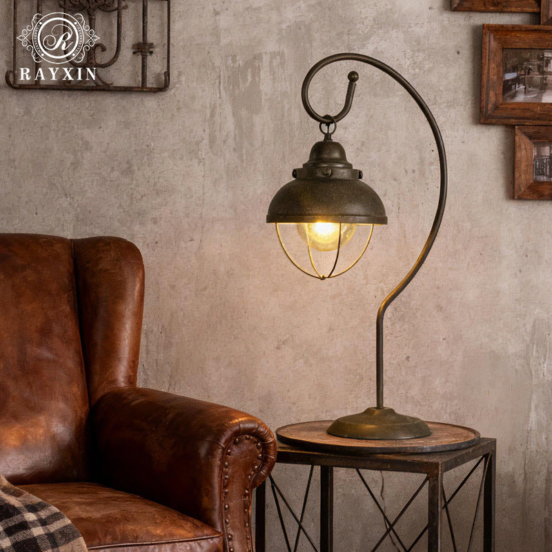 American Industrial Iron Cage Gooseneck Table Lamp top view showcasing shade design - Neovall premium lighting