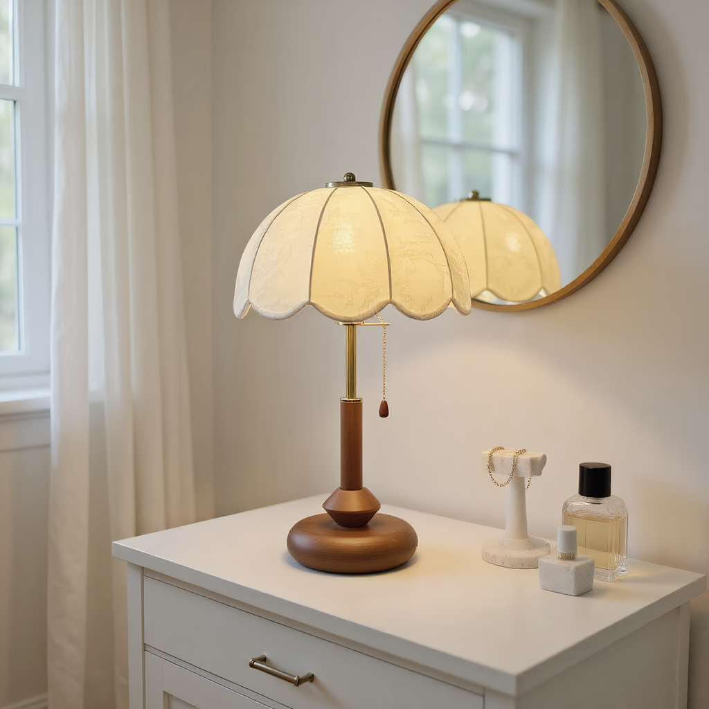 Vintage table lamp pull-chain switch detail - solid walnut wood base