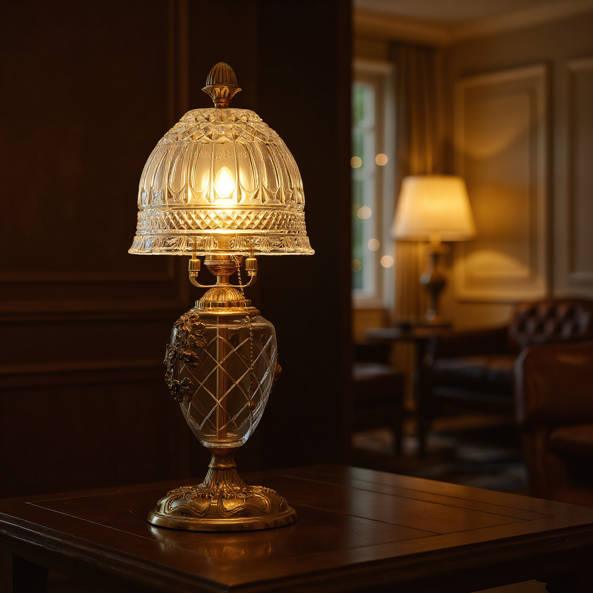 French Vintage Brass Crystal Table Lamp lifestyle photo styled in modern interior - Neovall designer lighting