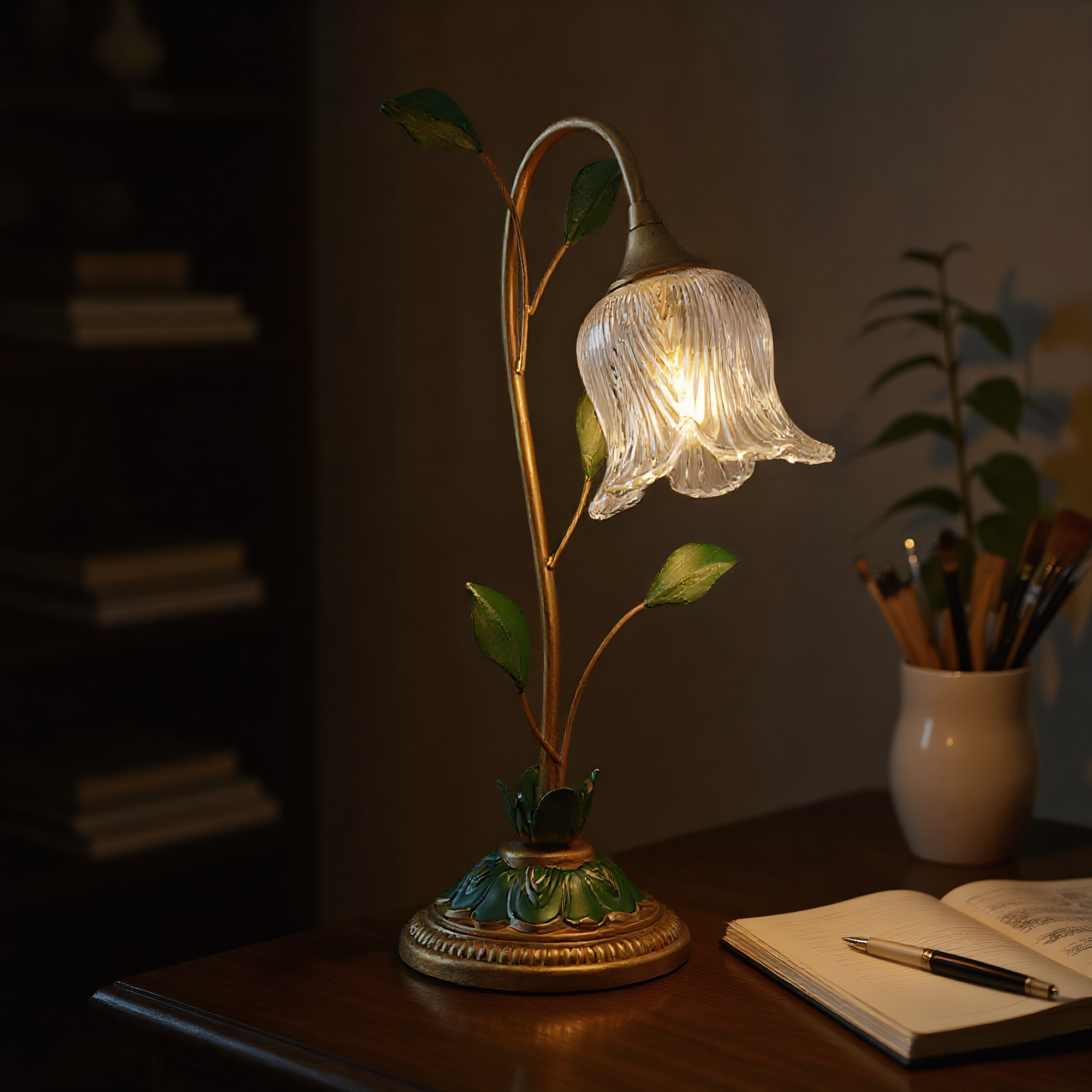 Crystal Glass Flower Table Lamp side view highlighting hand-finished quality - Neovall premium lamp