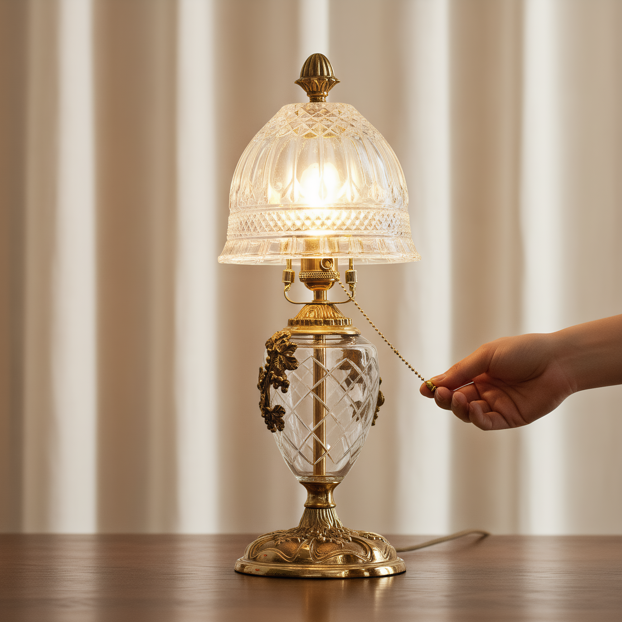 French Vintage Brass Crystal Table Lamp - ornate brass frame with crystal accents - Neovall