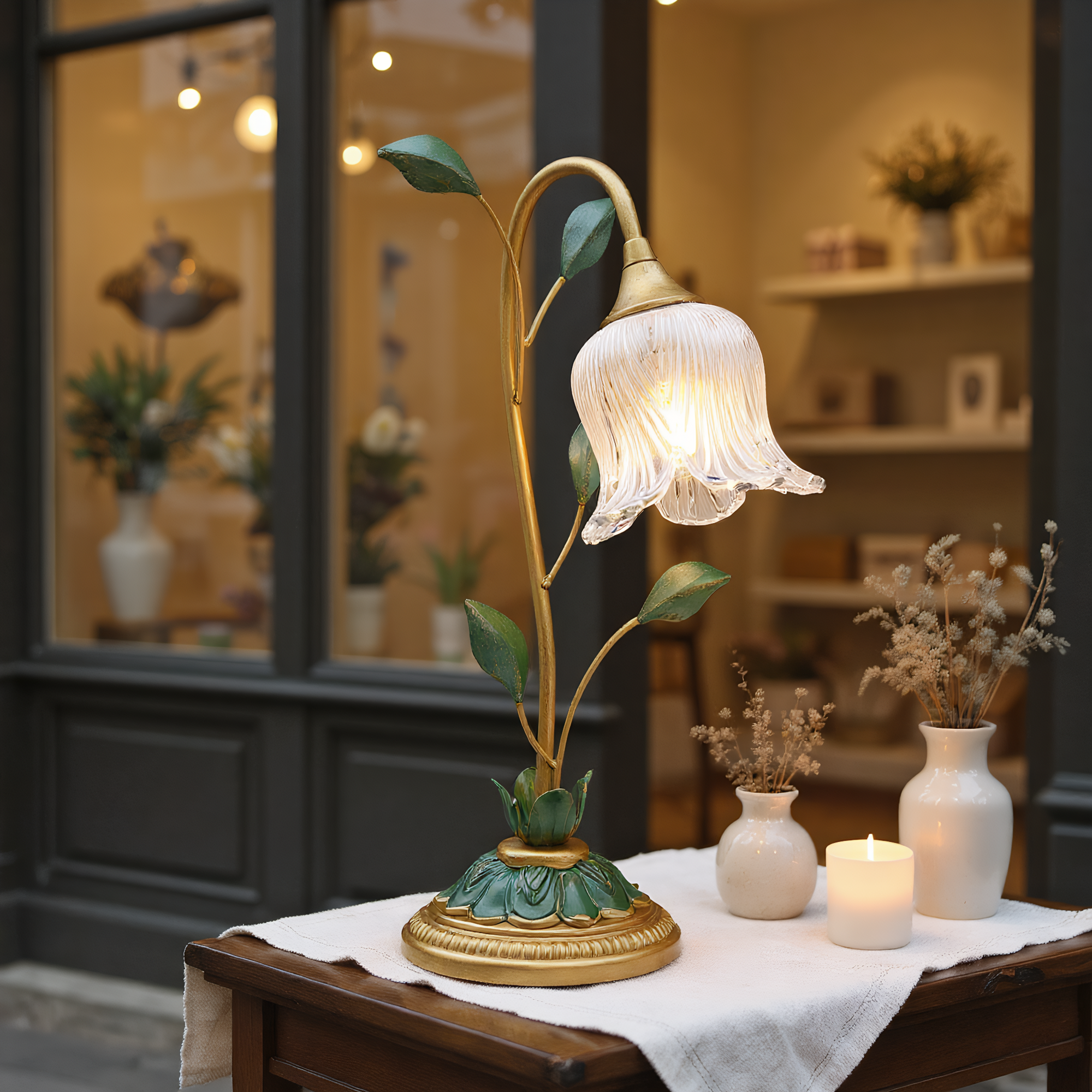 Crystal Glass Flower Table Lamp side view highlighting hand-finished quality - Neovall premium lamp