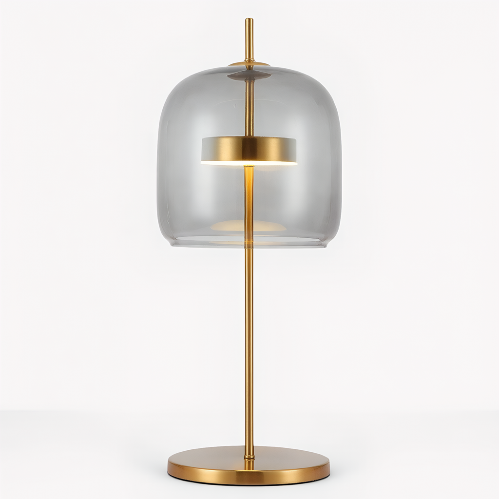 Smoked glass lamp front view - contemporary mushroom design