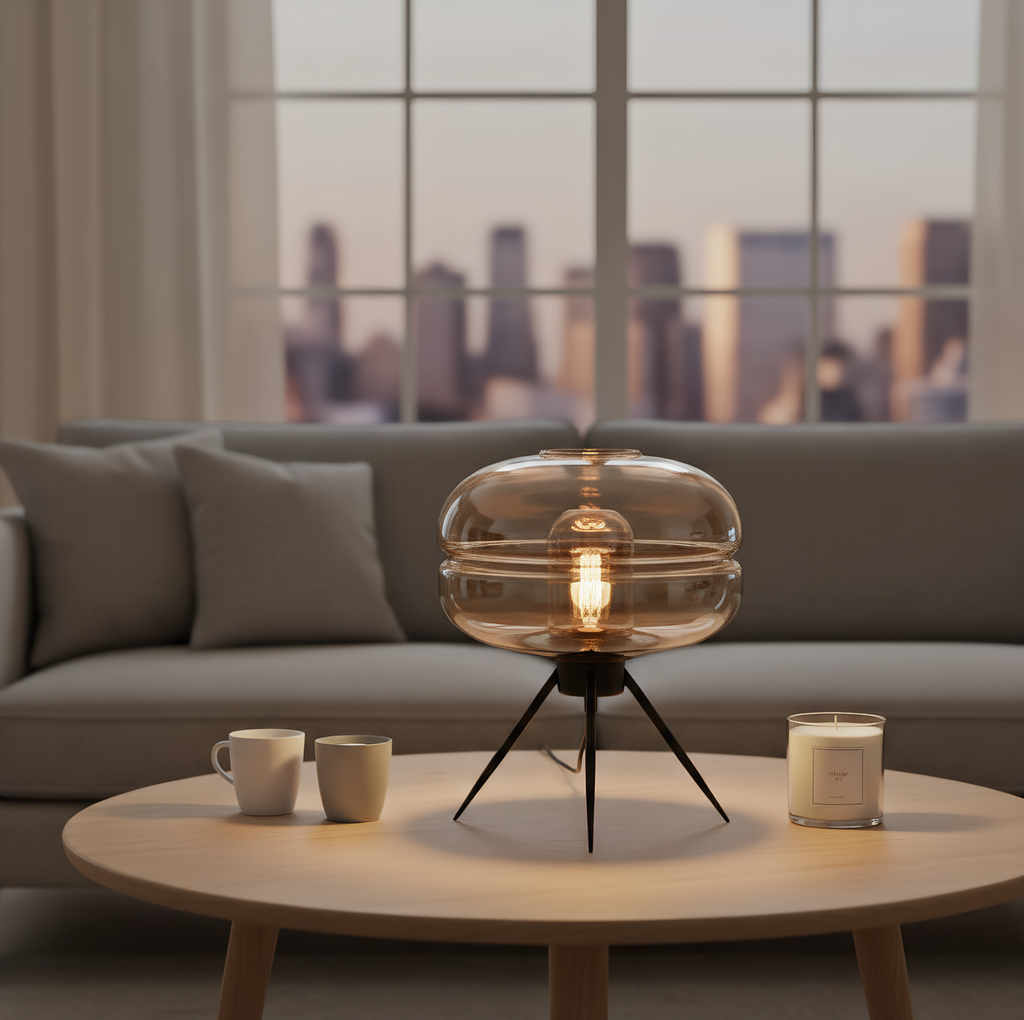 Nordic Hand-Blown Glass Table Lamp - smoke tinted glass body on tripod base - Neovall