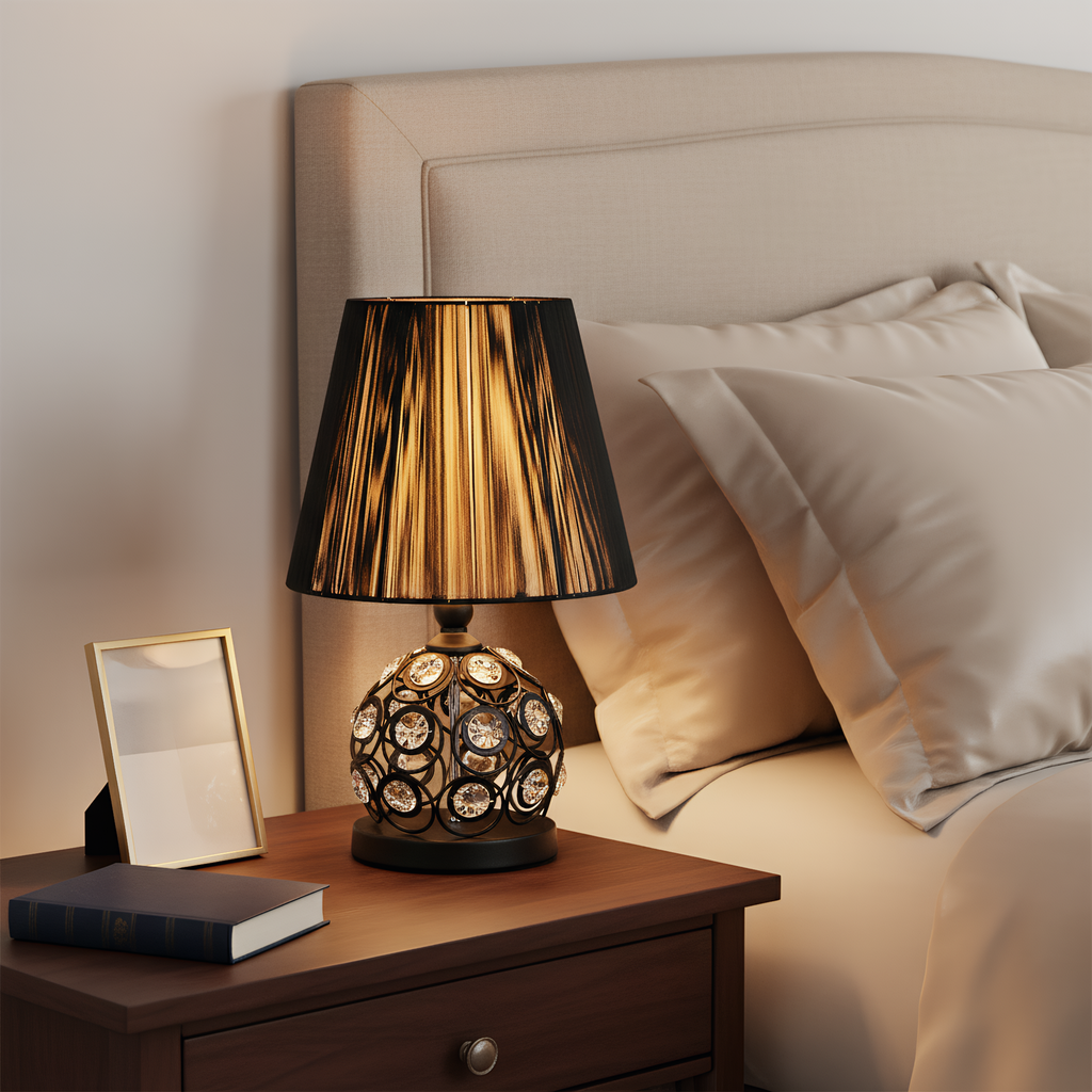 Classic Crystal Pleated Shade Table Lamp - faceted crystal base with cream pleated shade - Neovall