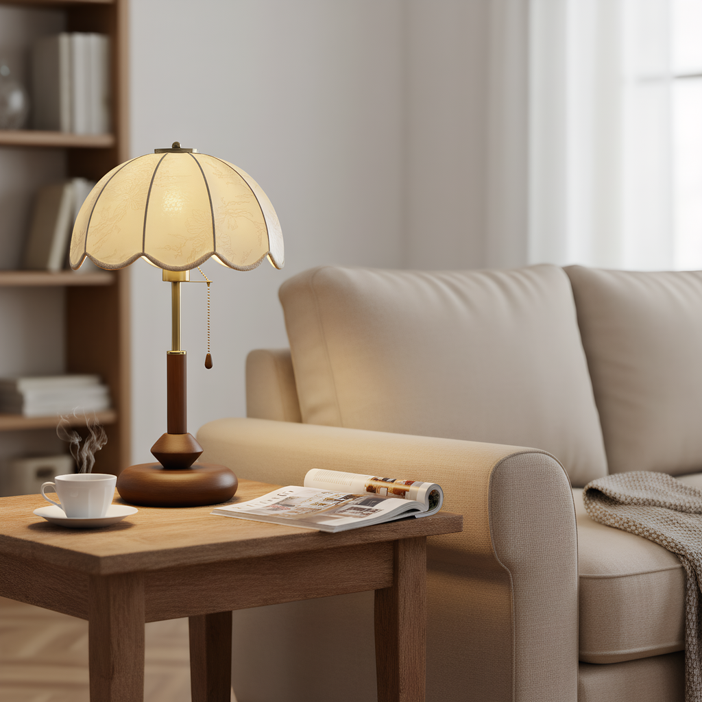 Vintage lamp on bedroom nightstand - romantic warm glow