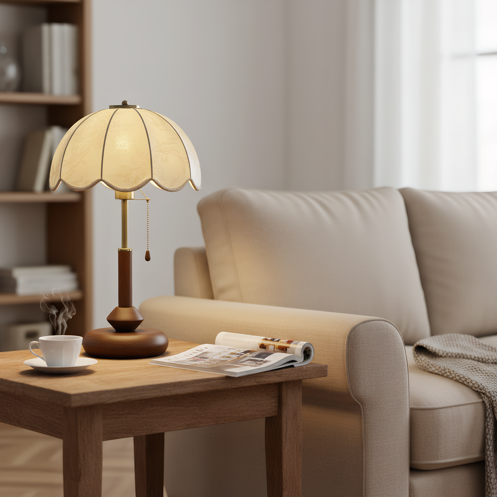 Vintage lamp on bedroom nightstand - romantic warm glow