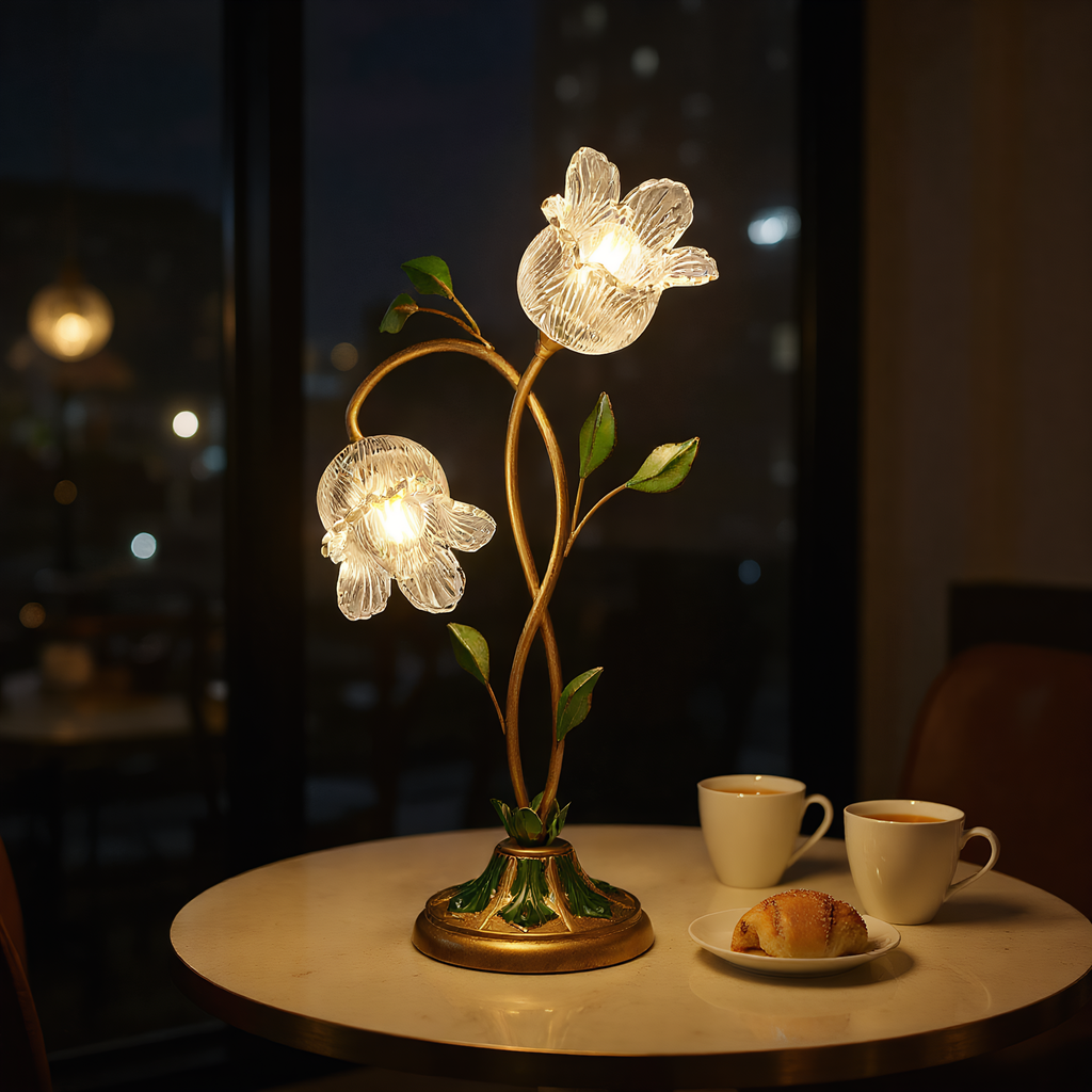 Crystal Glass Flower Table Lamp packaging and product card - Neovall ready to gift