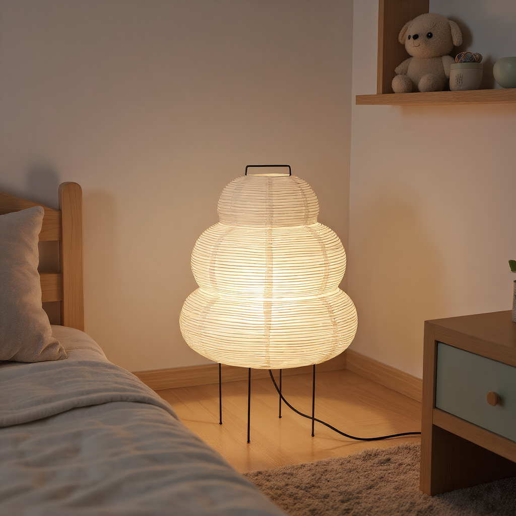 Akari Snowman Rice Paper Table Lamp side view highlighting hand-finished quality - Neovall premium lamp