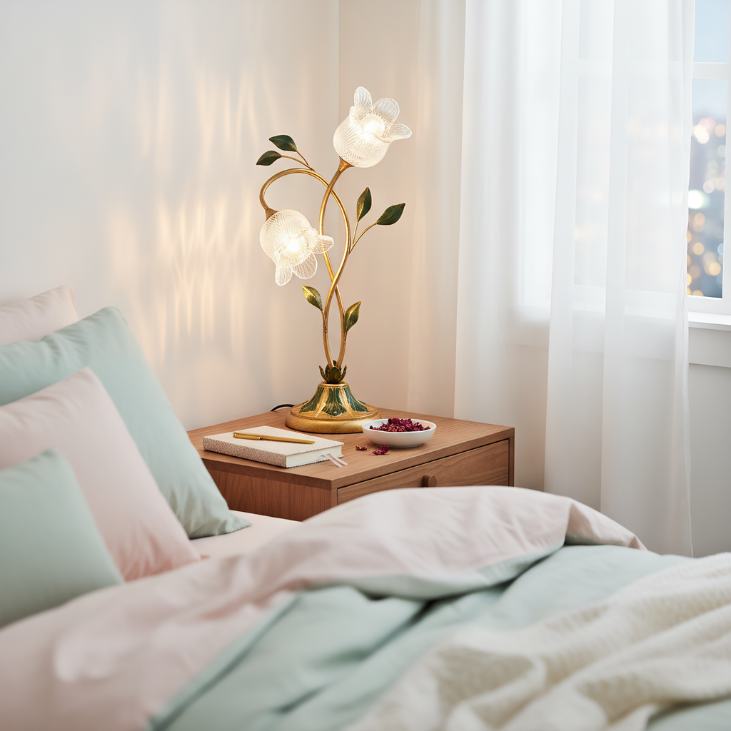 Crystal Glass Flower Table Lamp switch and cable detail - Neovall functional design