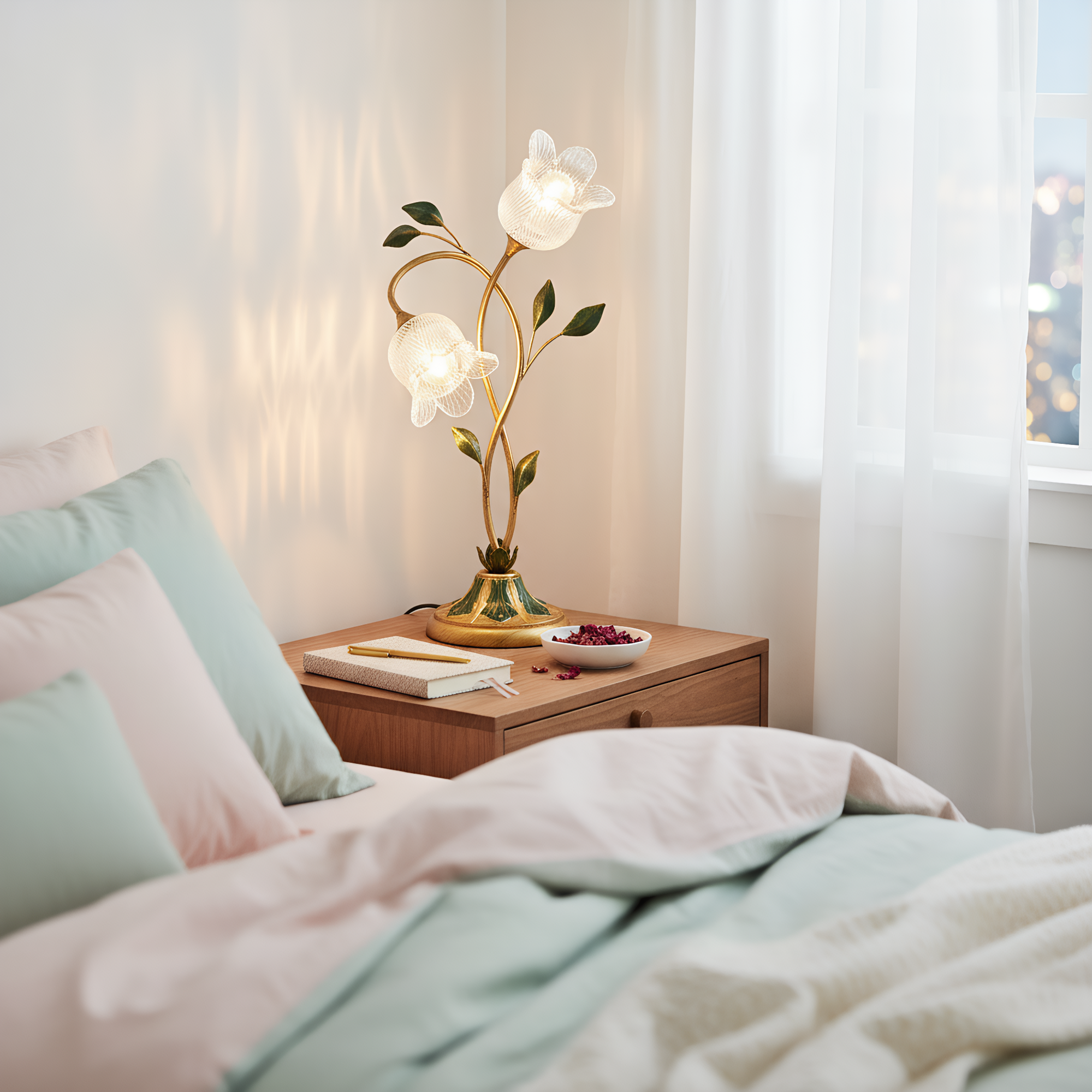 Crystal Glass Flower Table Lamp switch and cable detail - Neovall functional design
