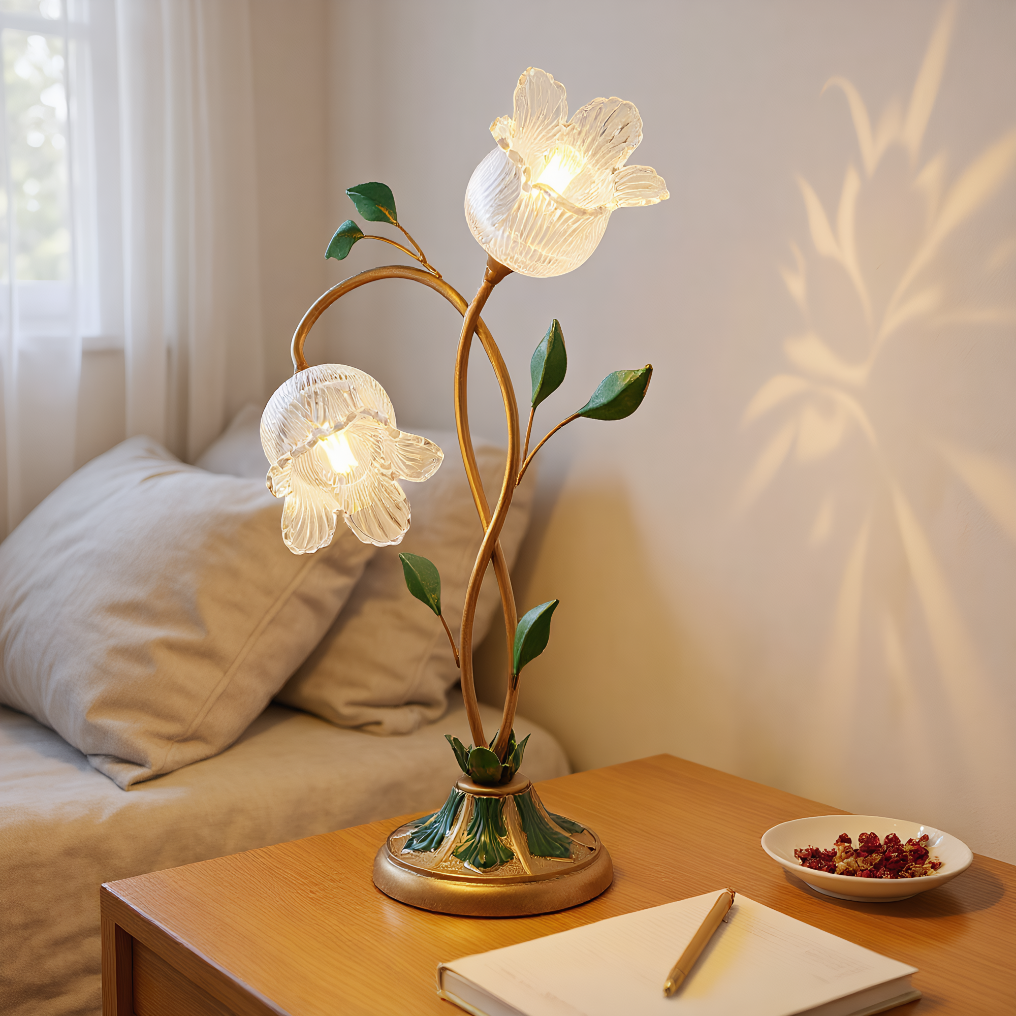 Crystal Glass Flower Table Lamp lifestyle photo styled in modern interior - Neovall designer lighting