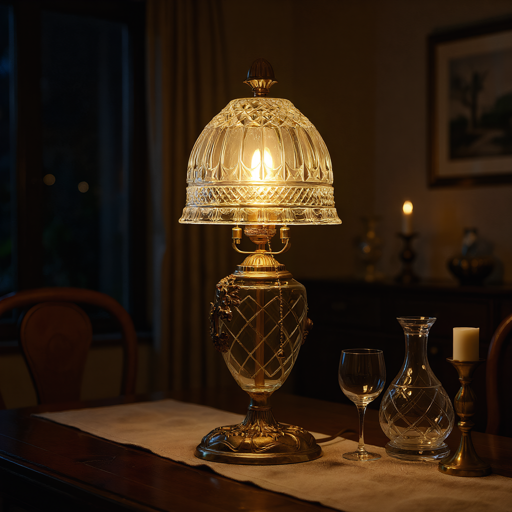 French brass crystal lamp on vanity table - elegant dressing room accent