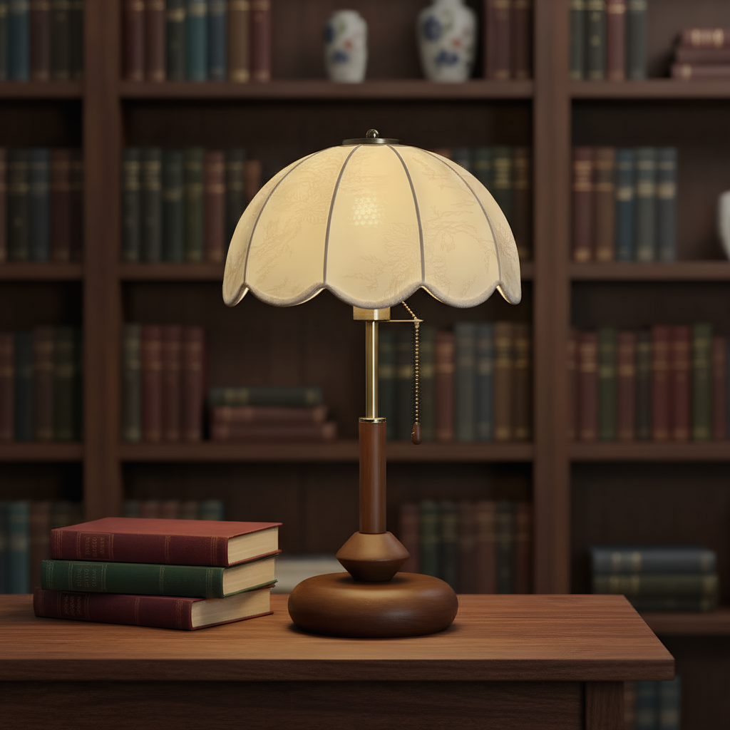 Vintage scalloped lamp in cozy living room setting - warm ambient lighting