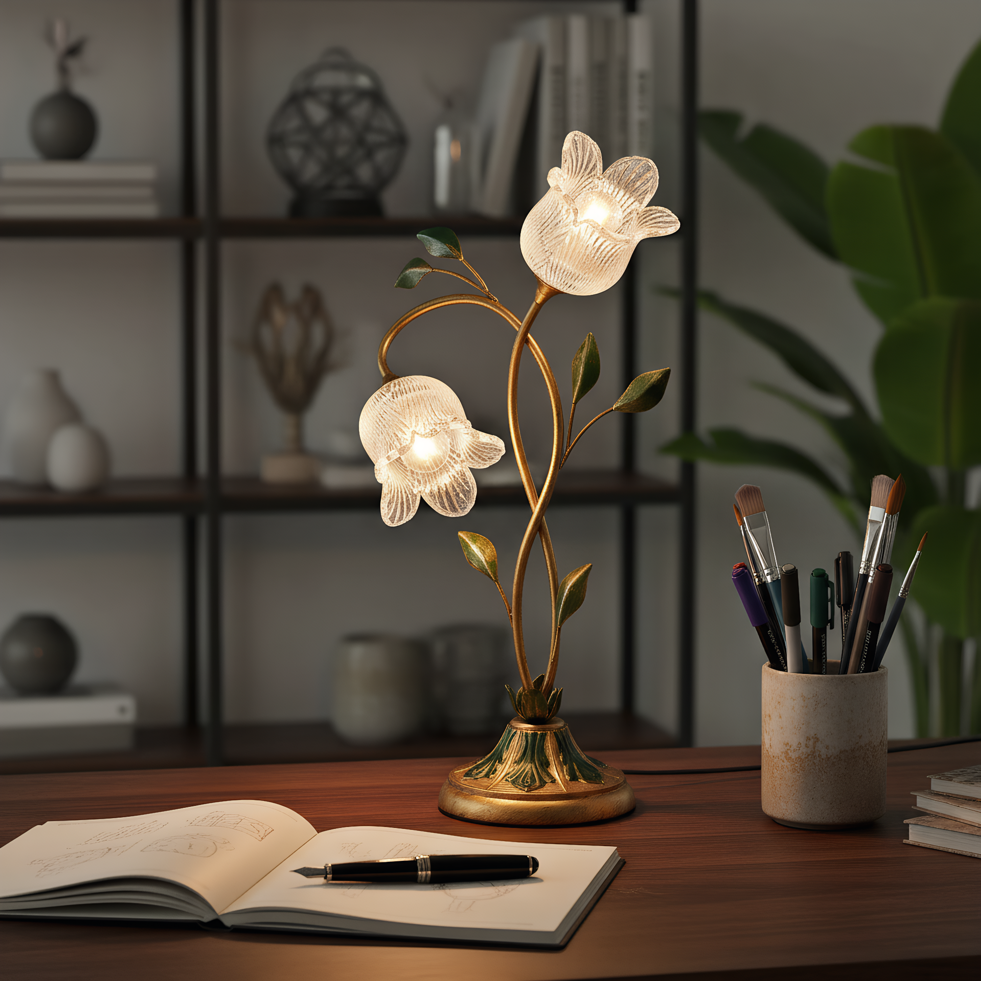 Crystal Glass Flower Table Lamp lifestyle photo styled in modern interior - Neovall designer lighting