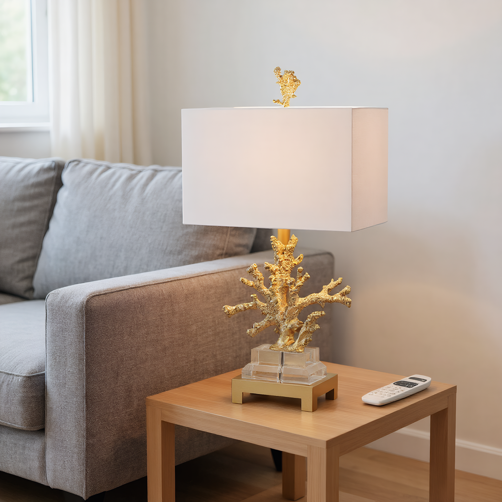 Coastal Gold Coral Crystal Table Lamp in use - warm ambient lighting for living spaces - Neovall