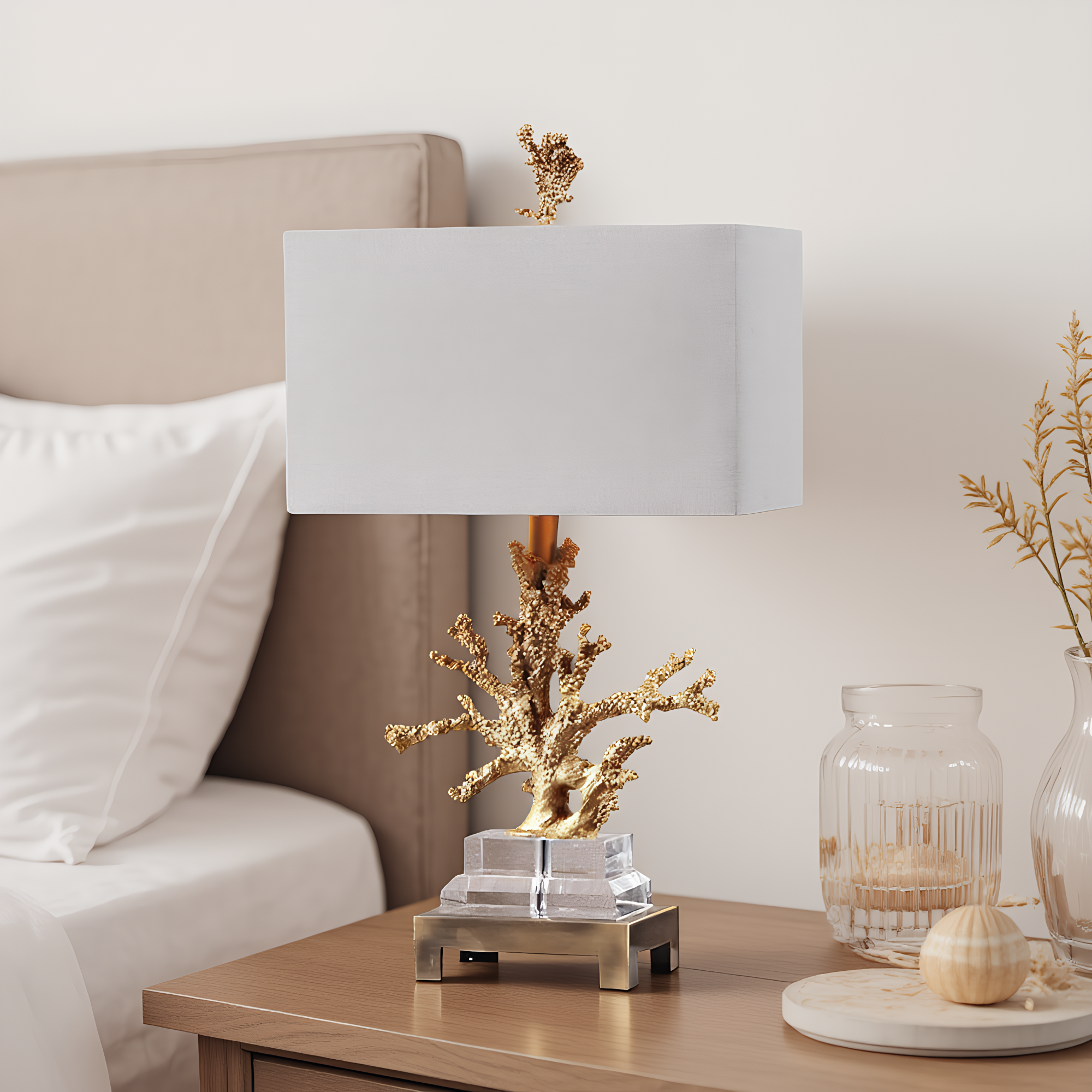 Coastal Gold Coral Crystal Table Lamp lifestyle photo styled in modern interior - Neovall designer lighting