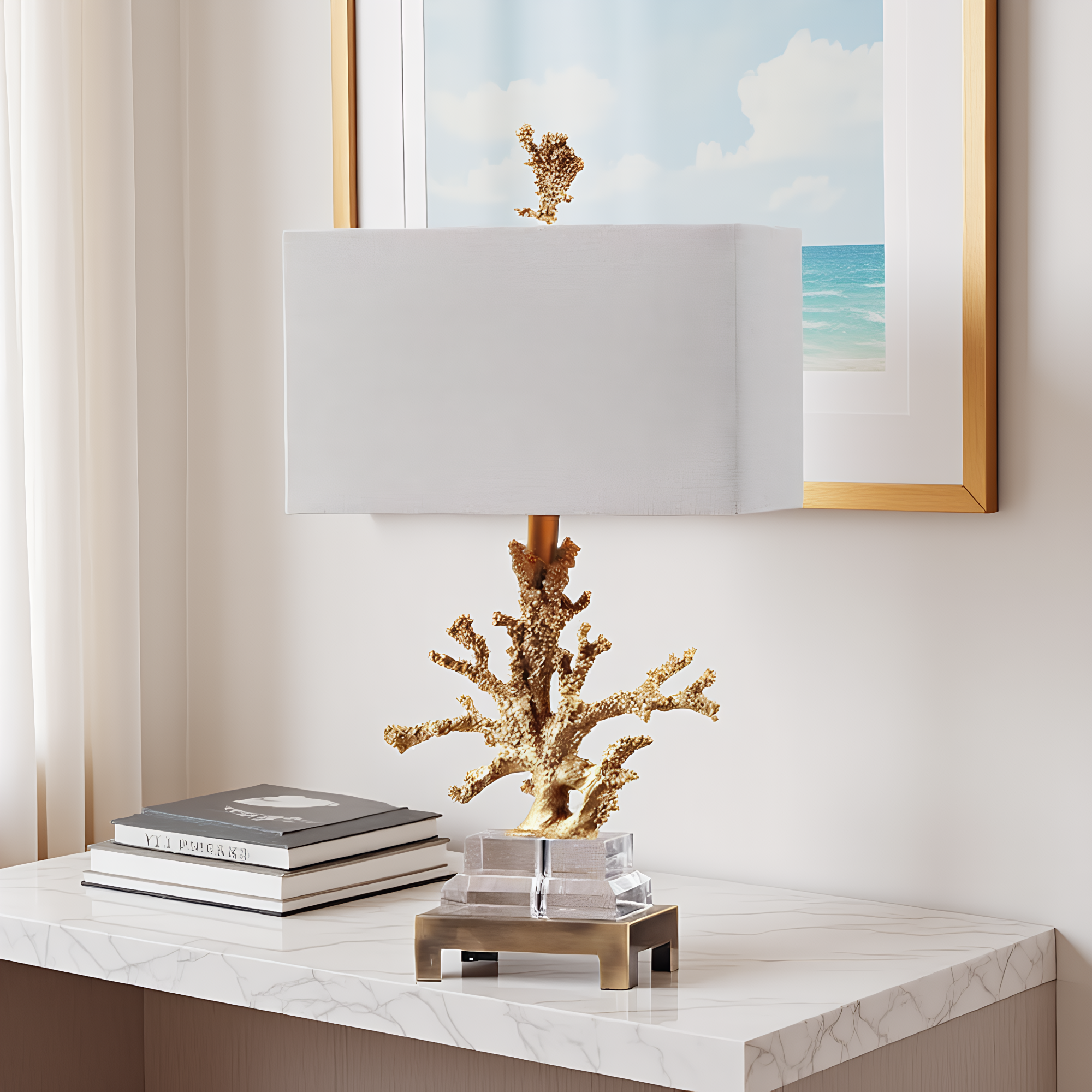 Coastal Gold Coral Crystal Table Lamp top view showcasing shade design - Neovall premium lighting