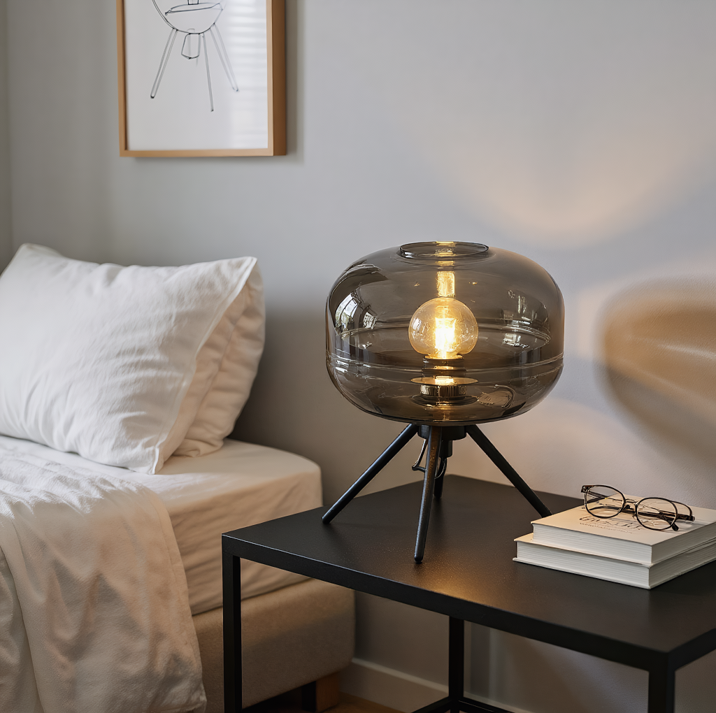 Glass lamp on bedside table - ambient bedroom lighting