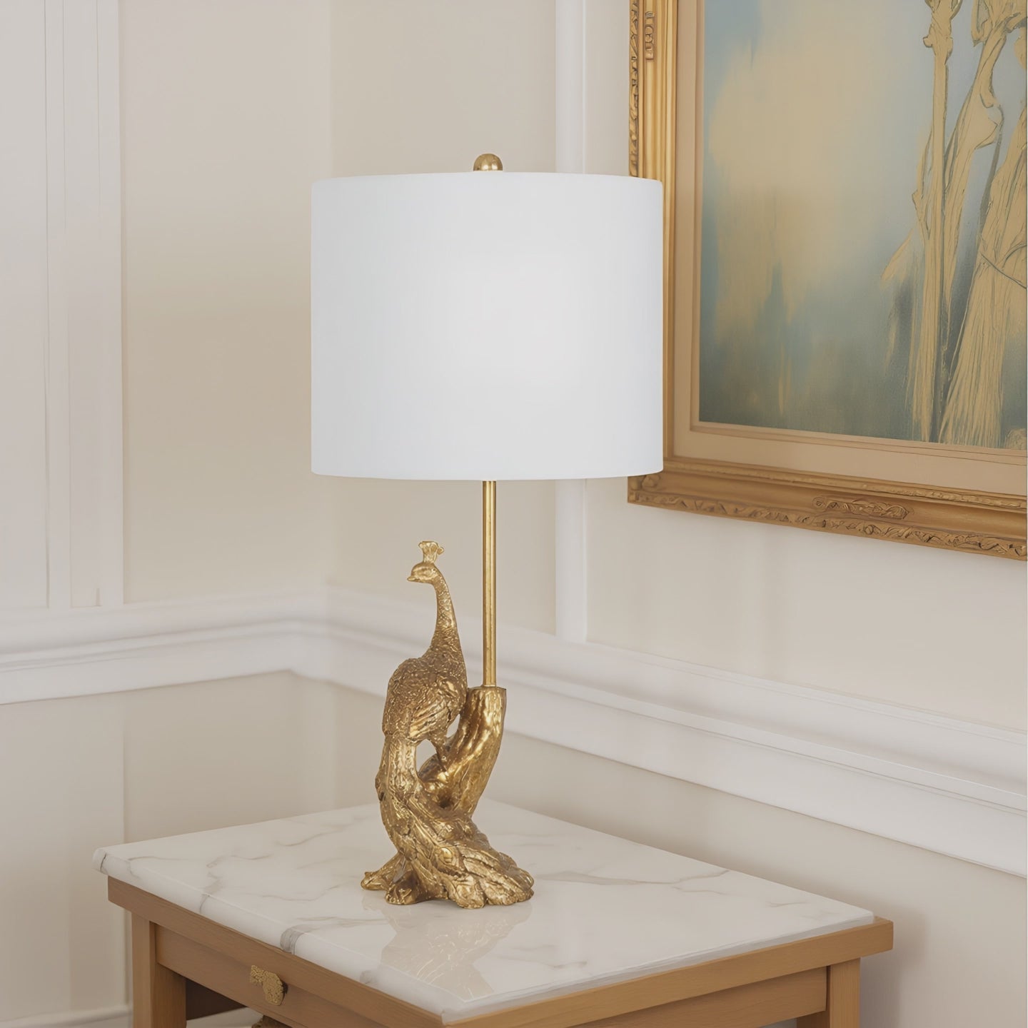 Brass Peacock Figurine Table Lamp