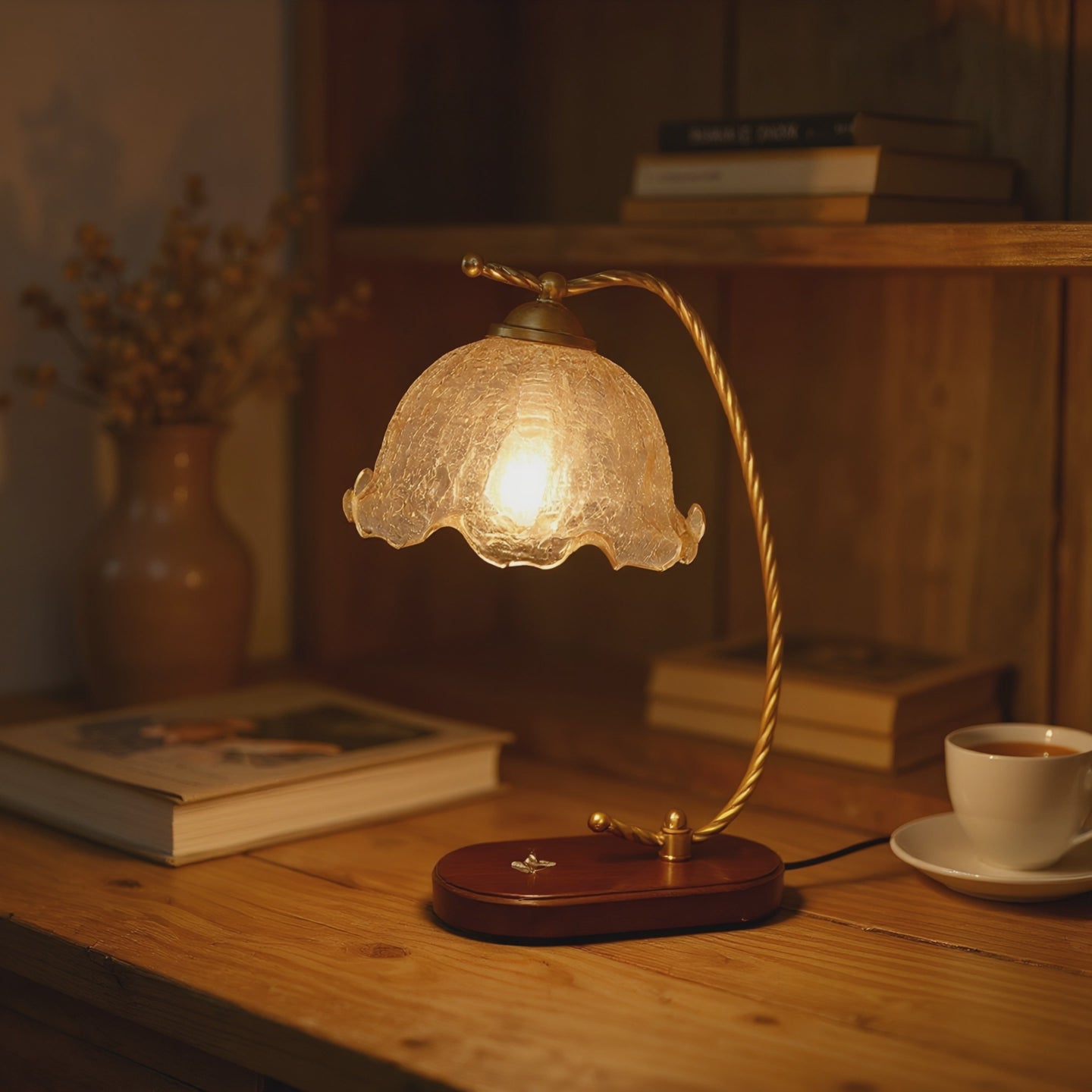 Vintage Brass Floral Gooseneck Table Lamp