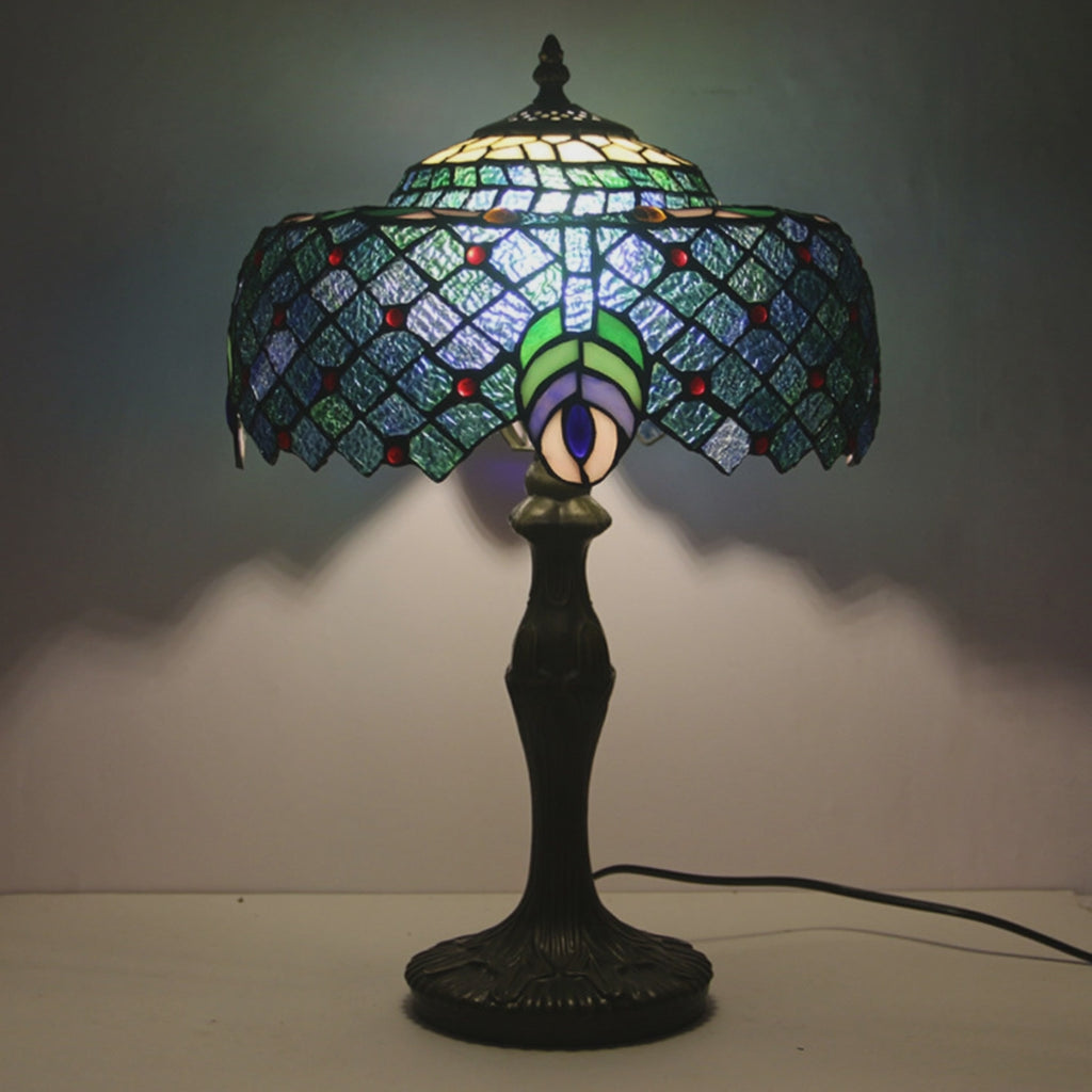 Tiffany Peacock Feather Stained Glass Table Lamp