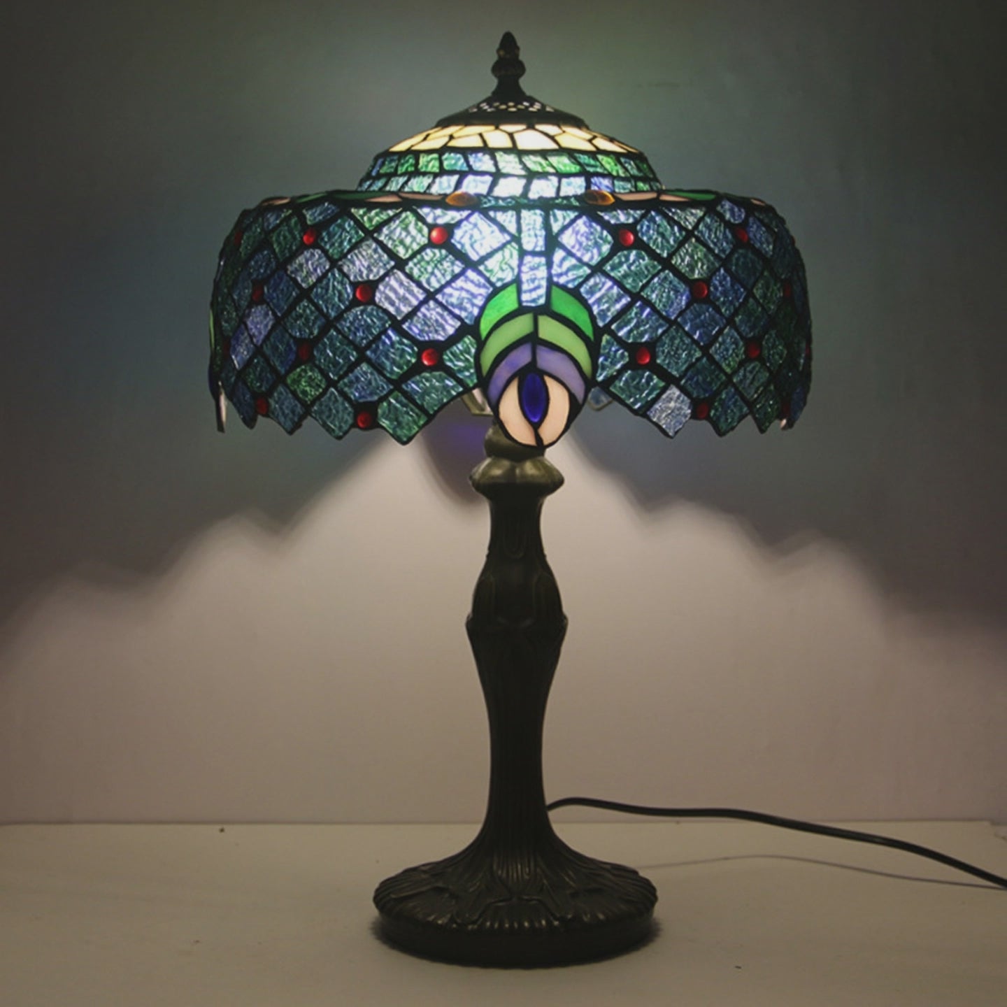 Tiffany Peacock Feather Stained Glass Table Lamp