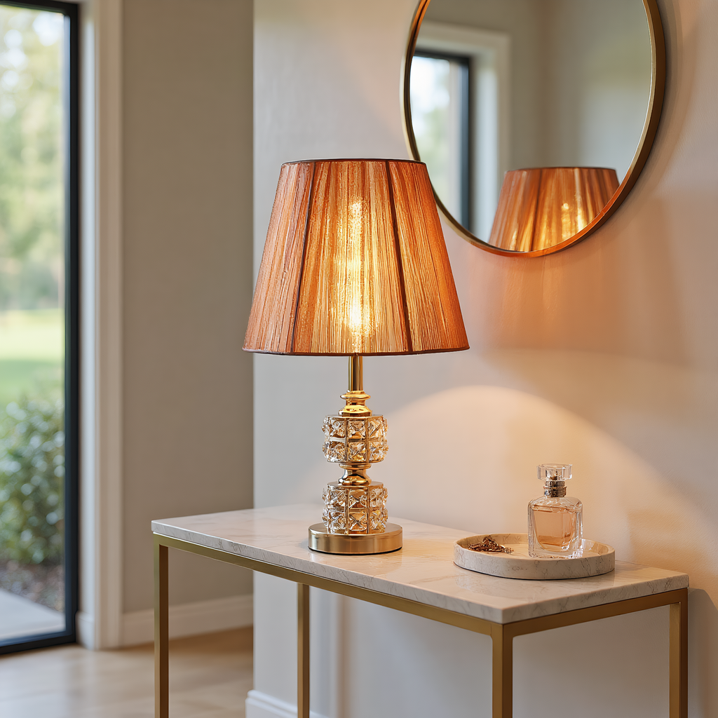 Classic Crystal Pleated Shade Table Lamp lifestyle photo styled in modern interior - Neovall designer lighting