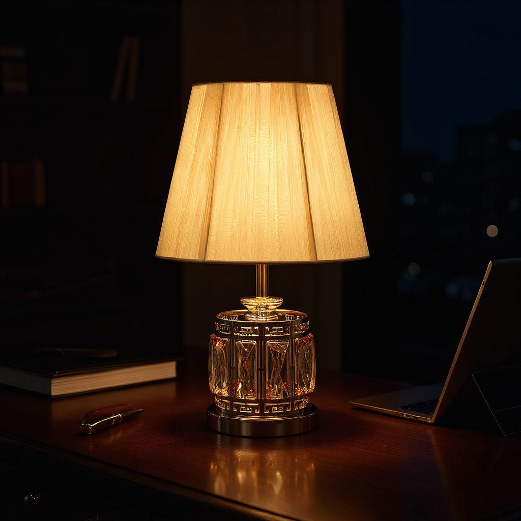 Classic Crystal Pleated Shade Table Lamp side view highlighting hand-finished quality - Neovall premium lamp