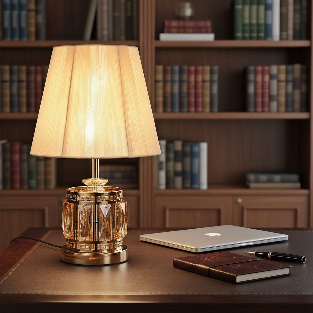 Classic Crystal Pleated Shade Table Lamp in use - warm ambient lighting for living spaces - Neovall