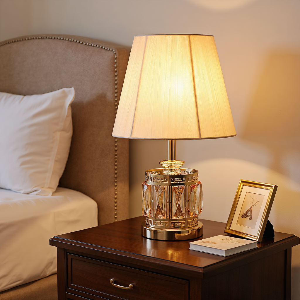 Classic Crystal Pleated Shade Table Lamp base detail showing material finish - Neovall designer collection