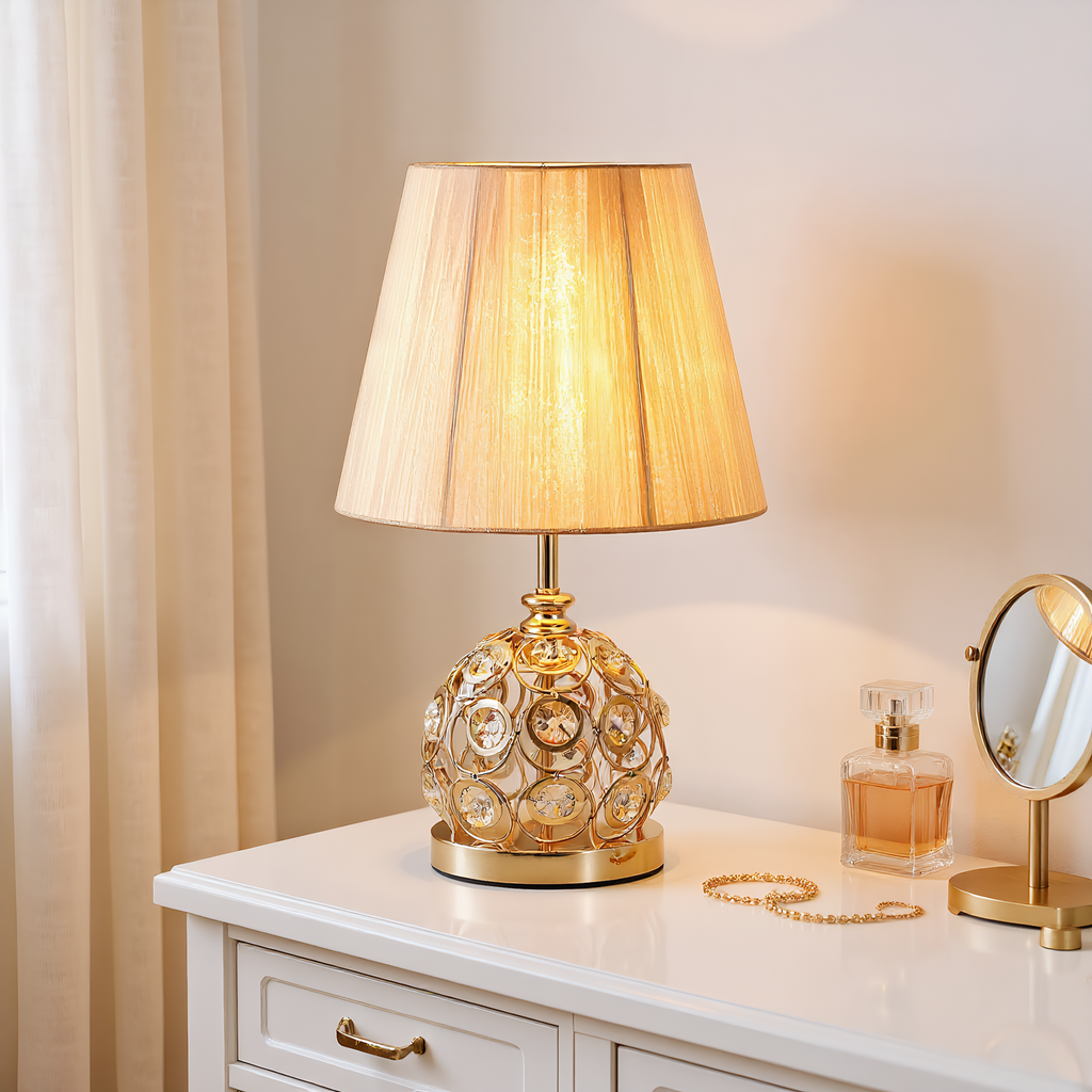 Classic Crystal Pleated Shade Table Lamp switch and cable detail - Neovall functional design