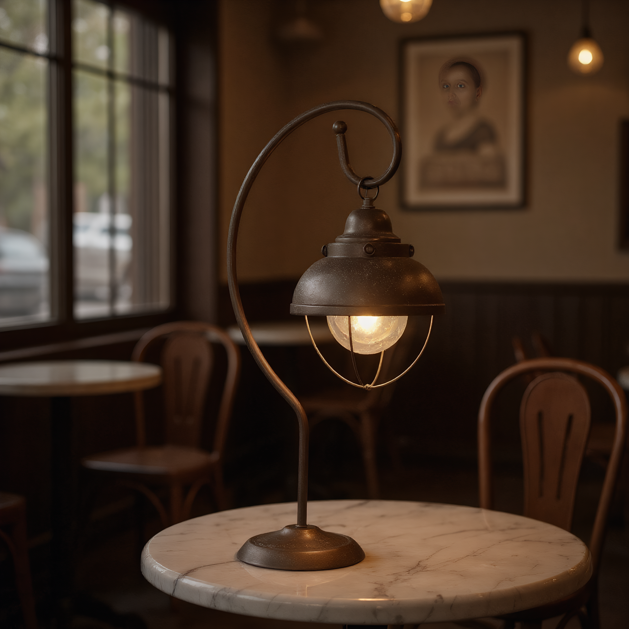 American Industrial Iron Cage Gooseneck Table Lamp lifestyle photo styled in modern interior - Neovall designer lighting